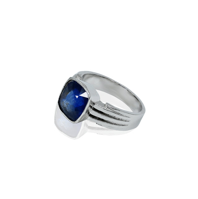 Natural Blue Sapphire(Neelam) 5.25ct(5.78 Ratti) Faceted Cushion Cut Ring