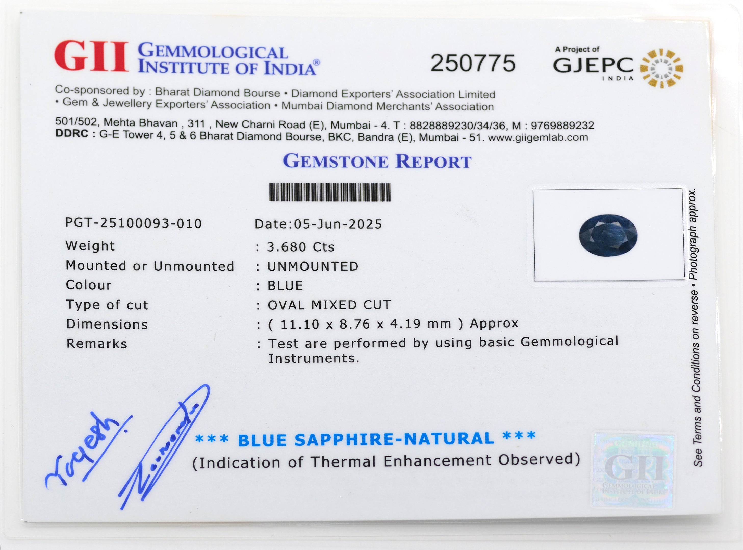 Natural Blue Sapphire (3.68 carats and 4.05 ratti)