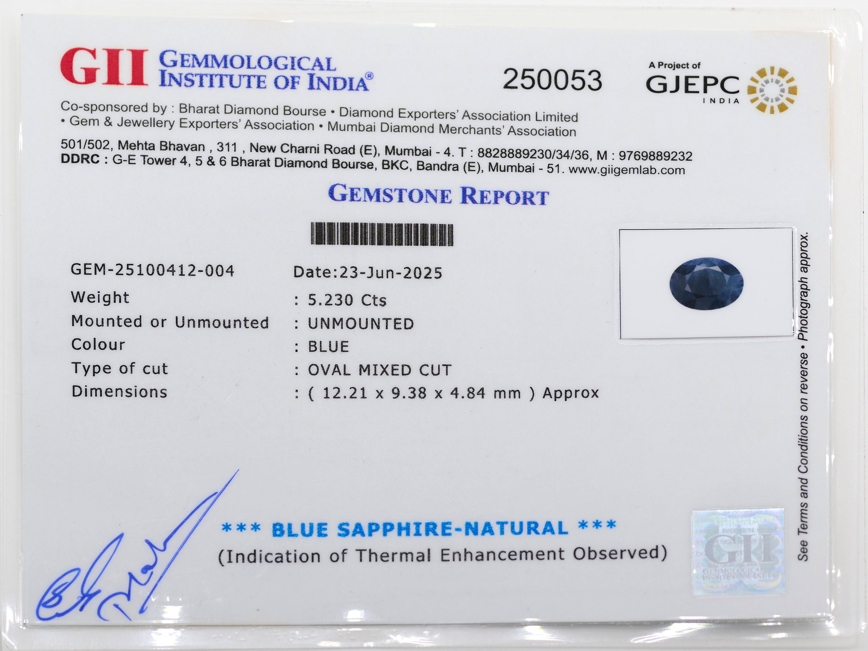 Natural Blue Sapphire (5.23 Carat and 5.75 Ratti)