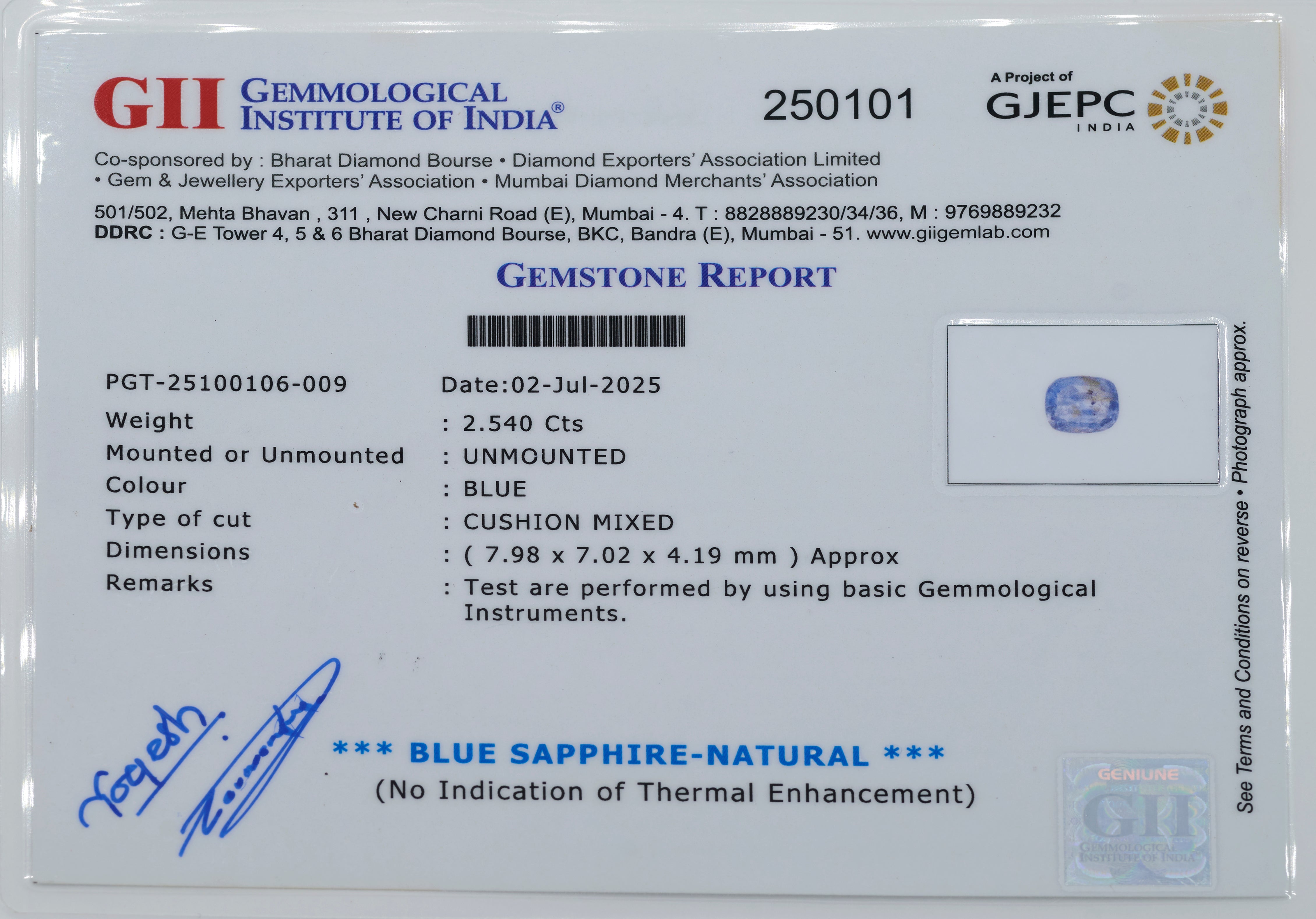 Natural Blue Sapphire (2.54 Carat and 2.79 Ratti)