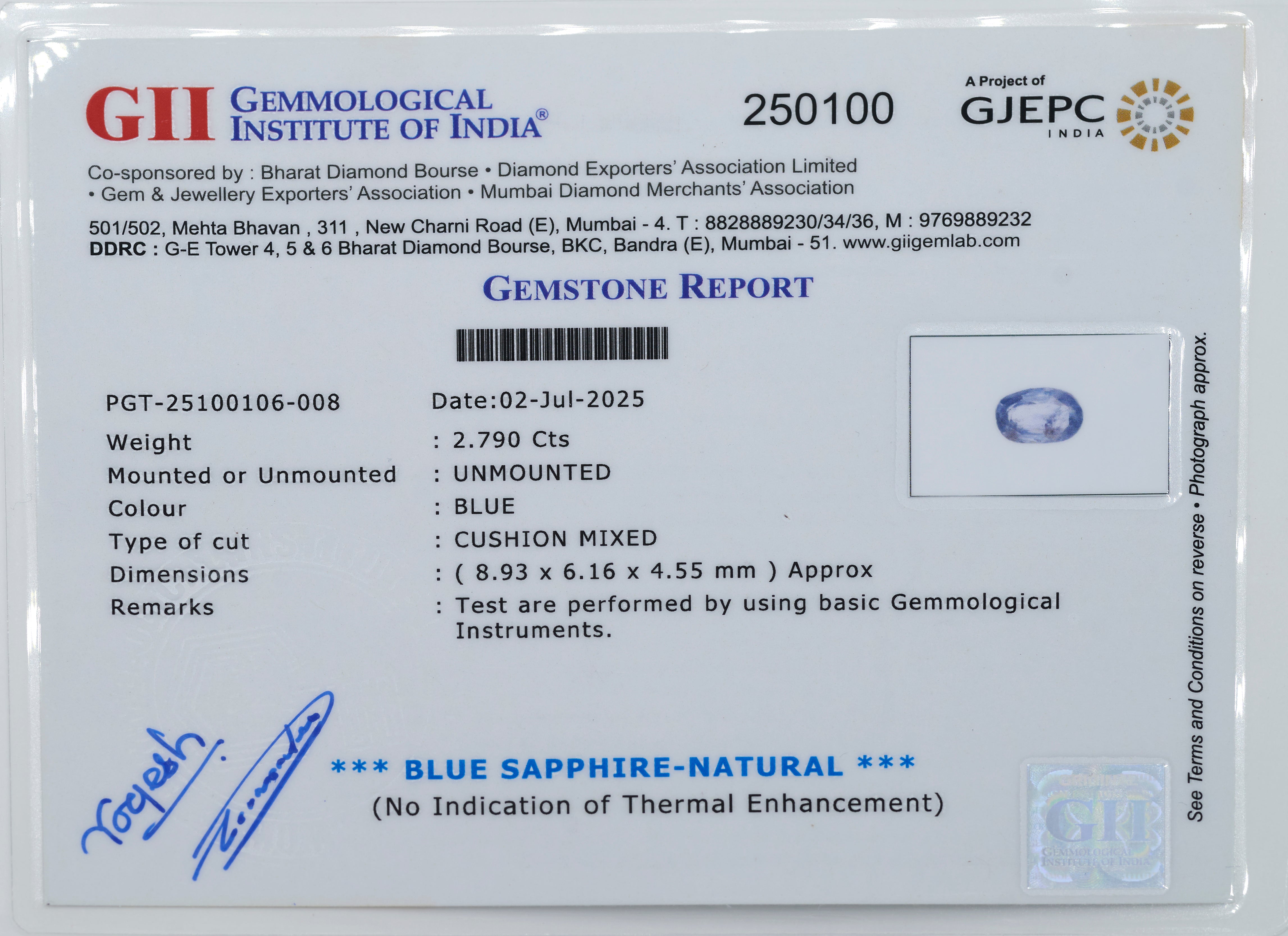 Natural Blue Sapphire (2.79 Carat and 3.07 Ratti)