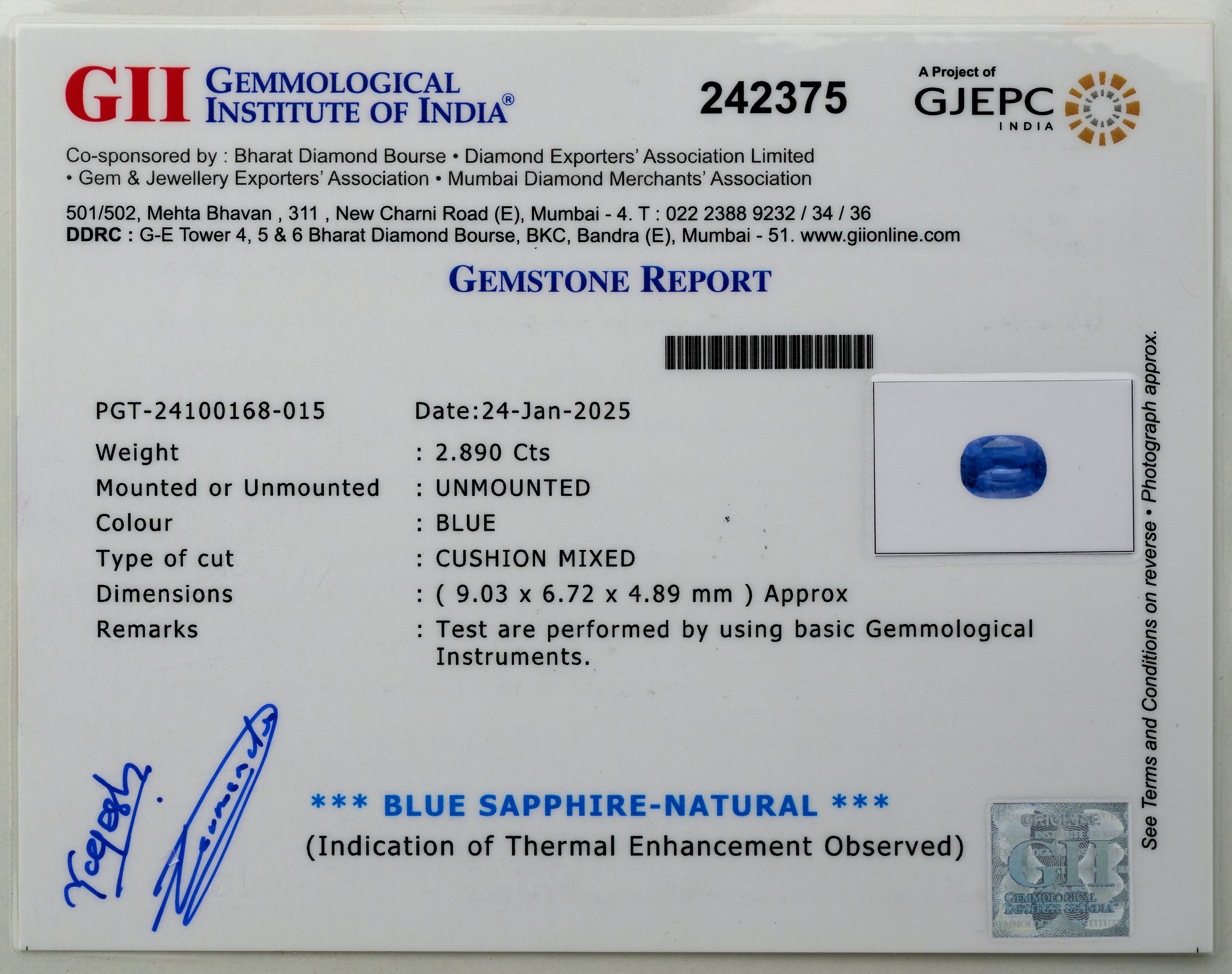 Natural Blue Sapphire Gemstone (2.89 Carats and 3.18 Ratti)