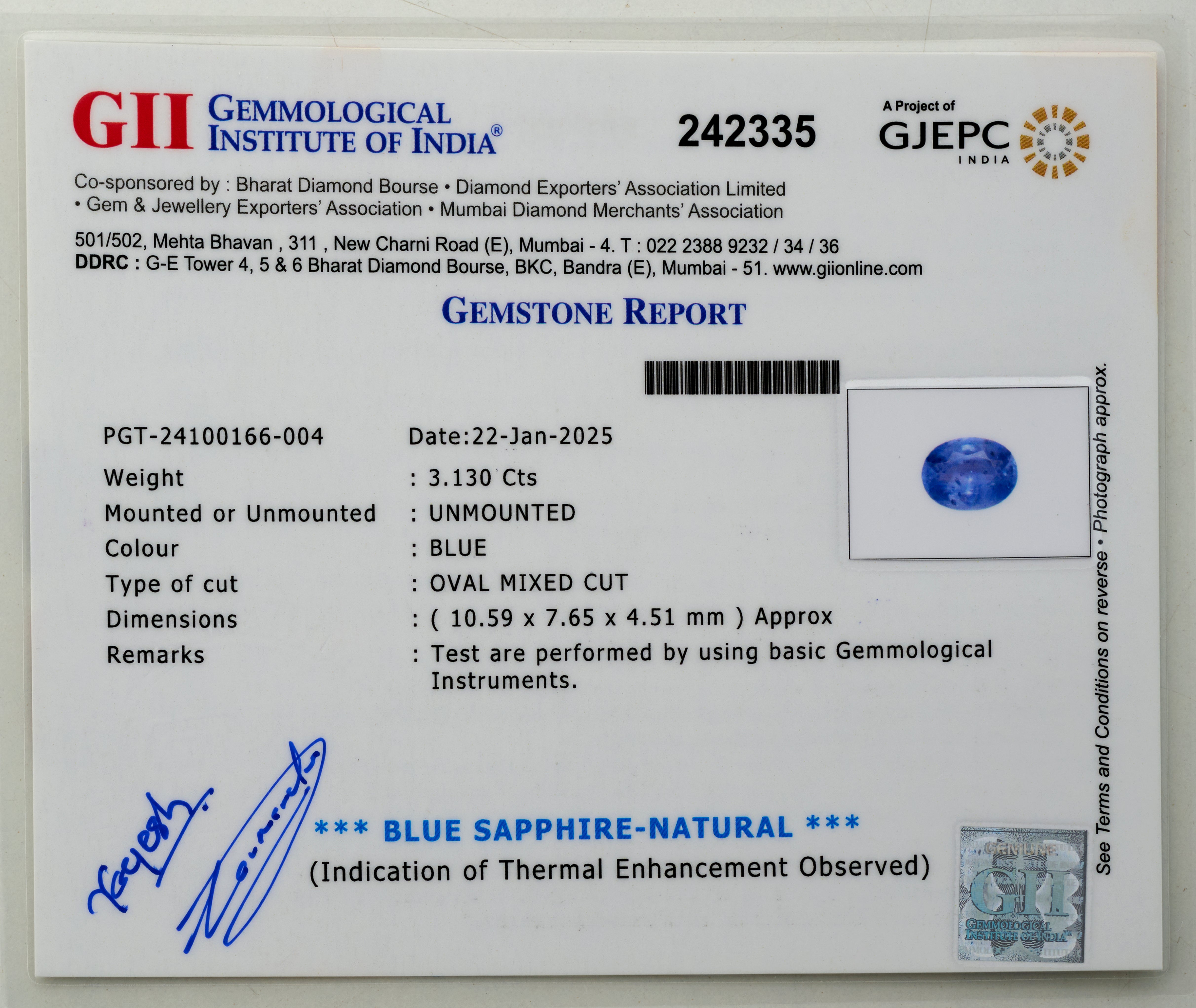 Natural Blue Sapphire Gemstone (3.13 Carats and 3.44 Ratti)