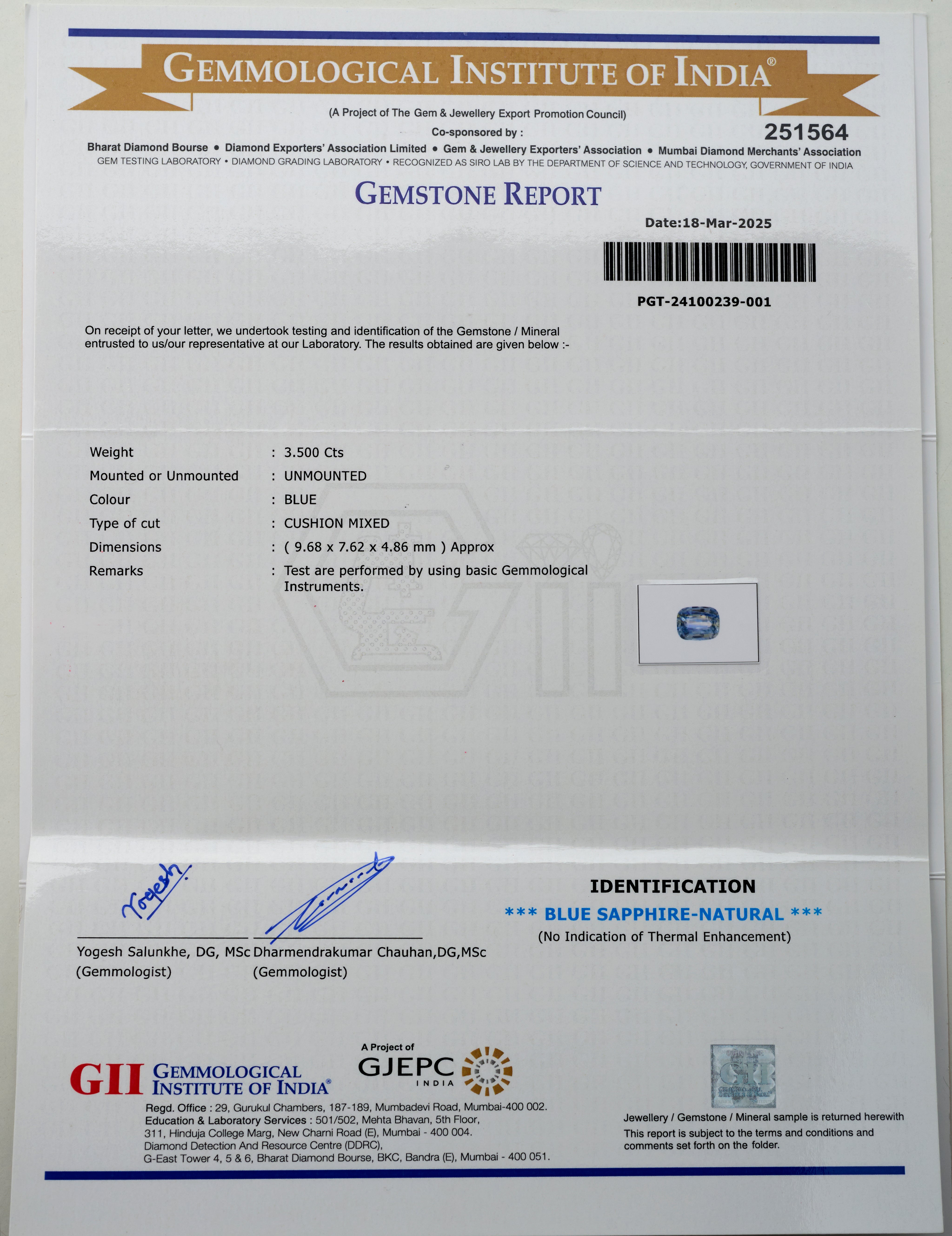 Natural Blue Sapphire Gemstone (3.50 Carats and 3.85 Ratti)