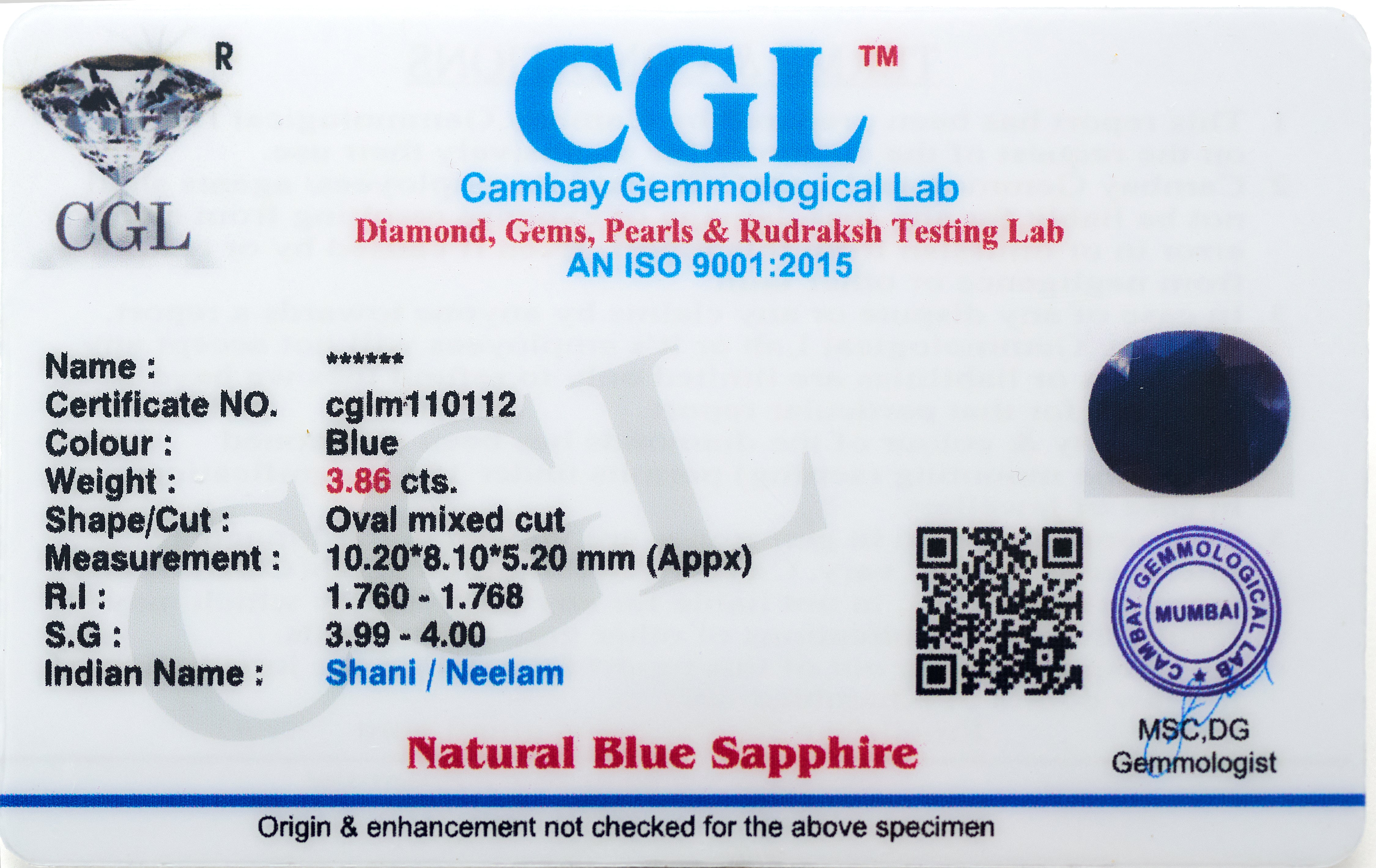 Natural Blue Sapphire (3.86 Carat and 4.25 Ratti)