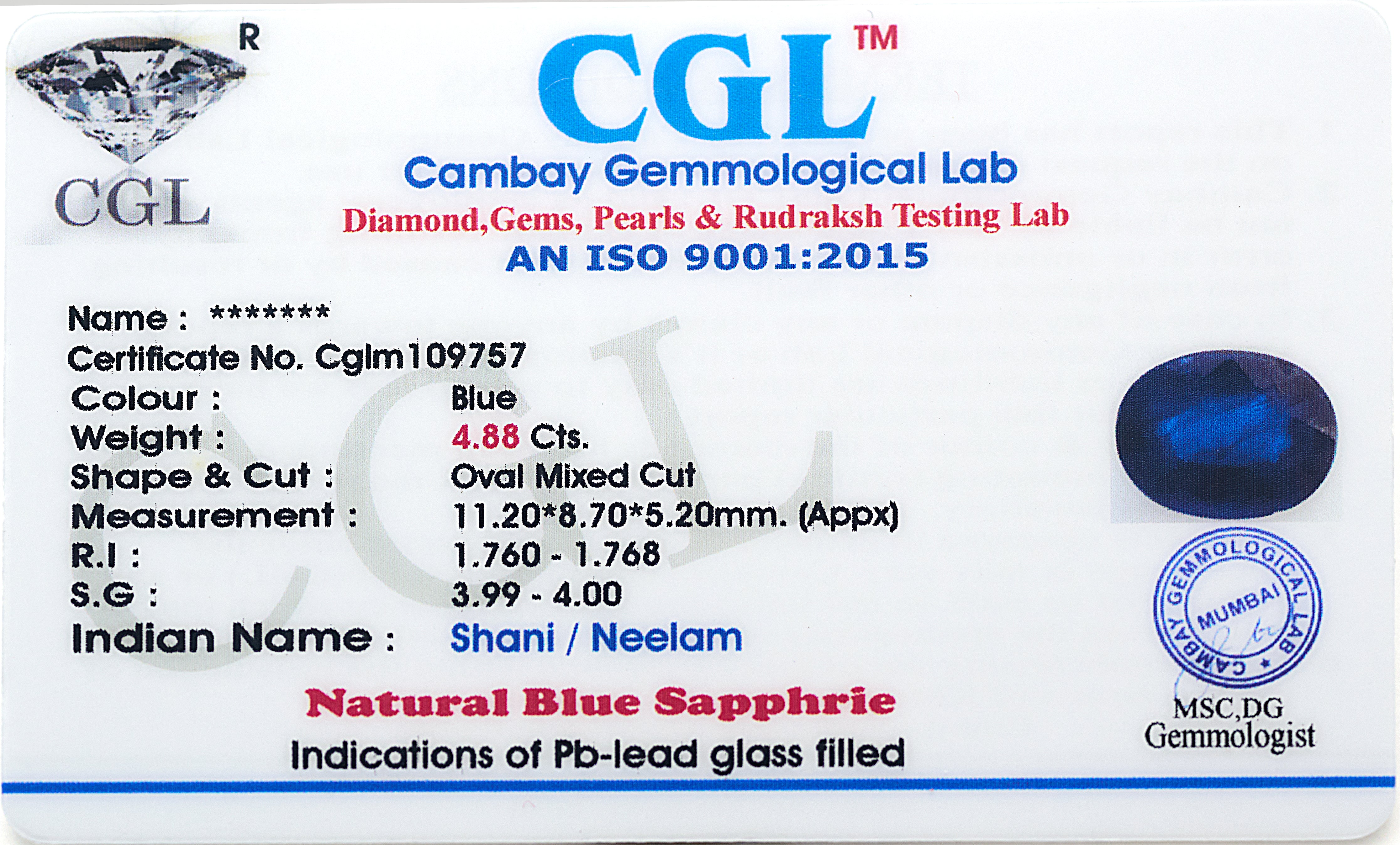 Natural Blue Sapphire (4.88 Carat and 5.37 Ratti)