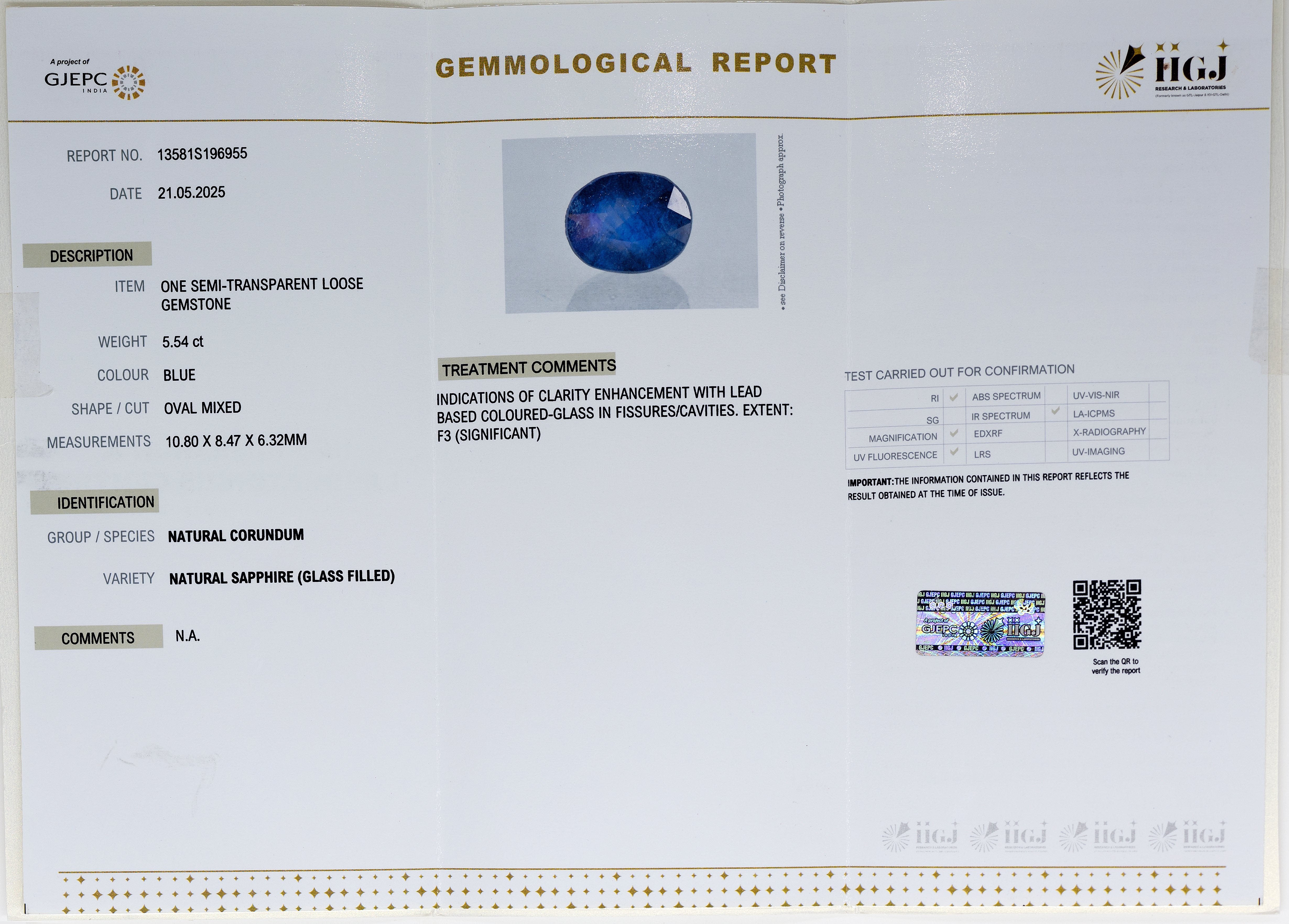 Natural Blue Sapphire (5.54 Carat and 6.09 Ratti)