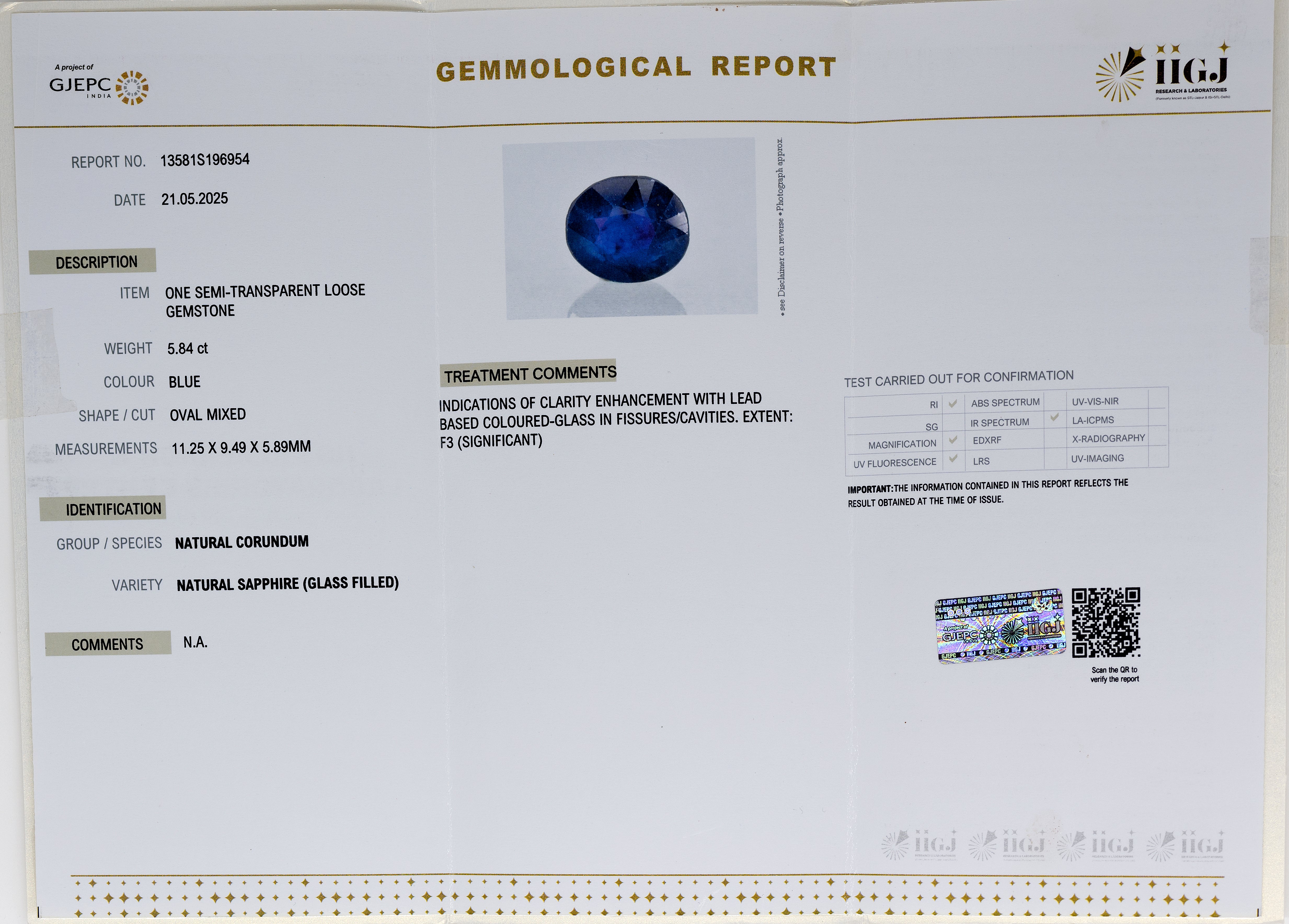 Natural Blue Sapphire (5.84 Carat and 6.42 Ratti)