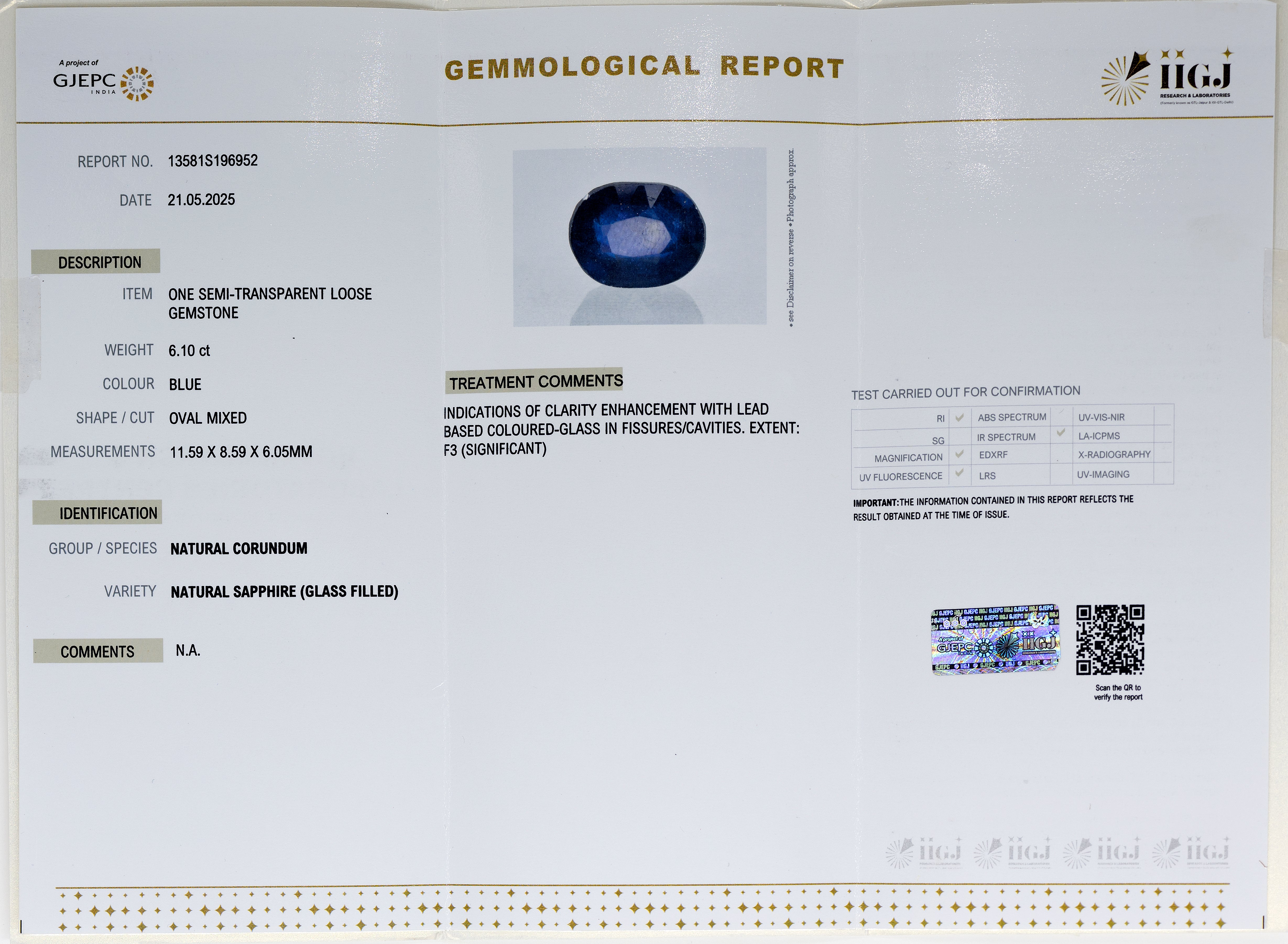 Natural Blue Sapphire (6.10 Carat and 6.71 Ratti)