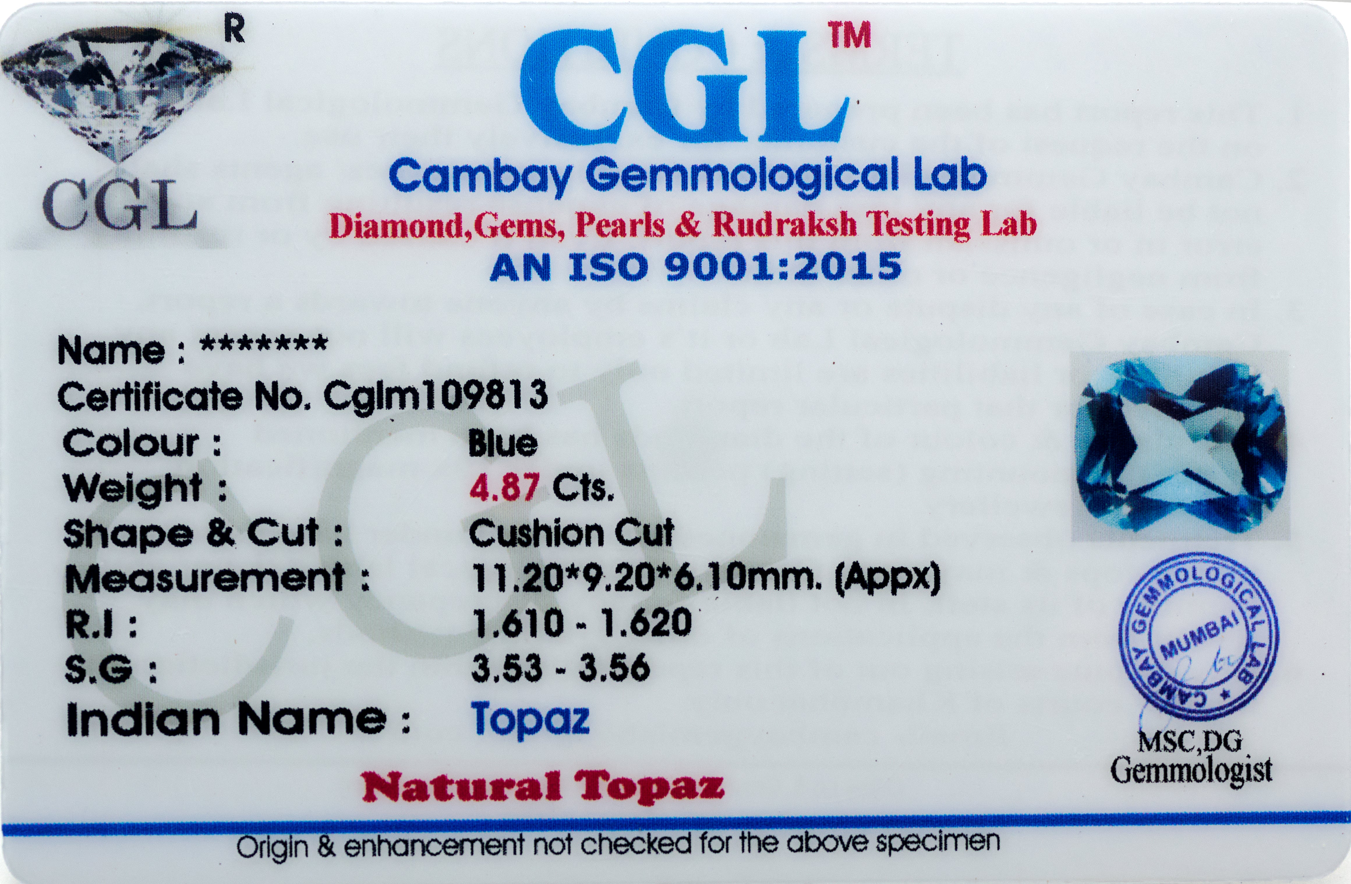 Natural Topaz Gemstone (4.87 Carats and 5.36 Ratti)