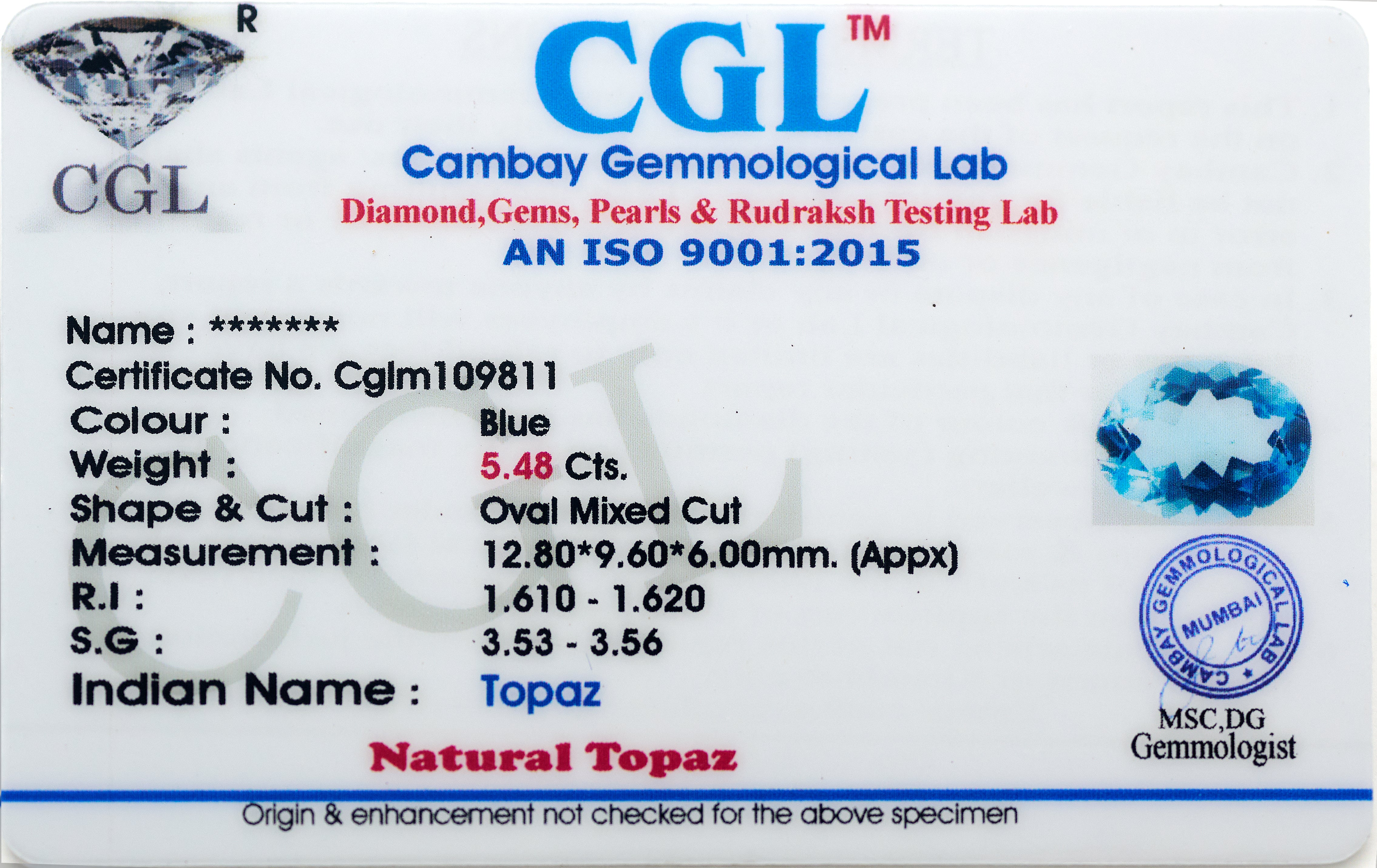 Natural Topaz Gemstone (5.48 Carats and 6.03 Ratti)