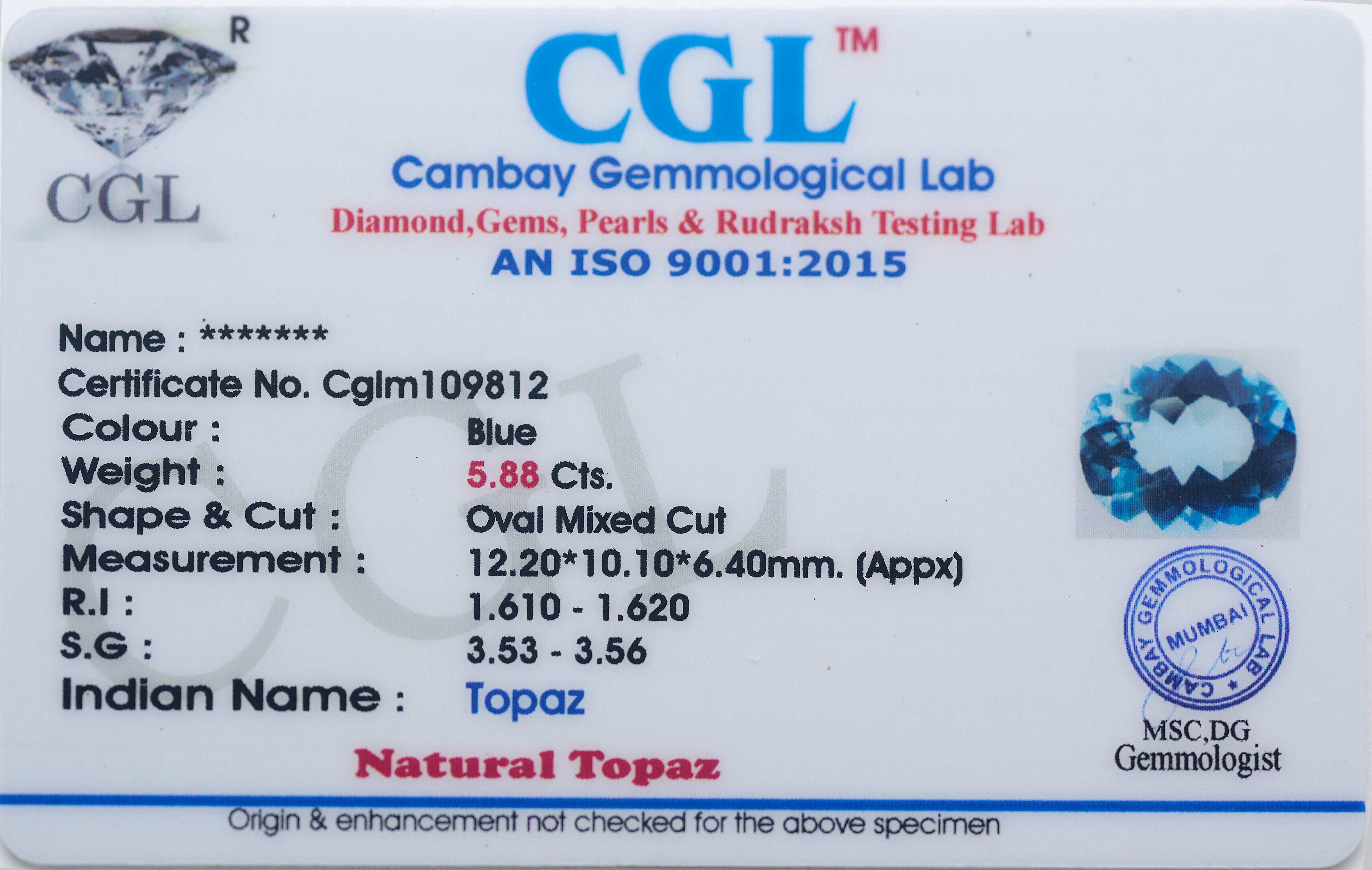 Natural Topaz Gemstone (5.88 Carats and 6.47 Ratti)