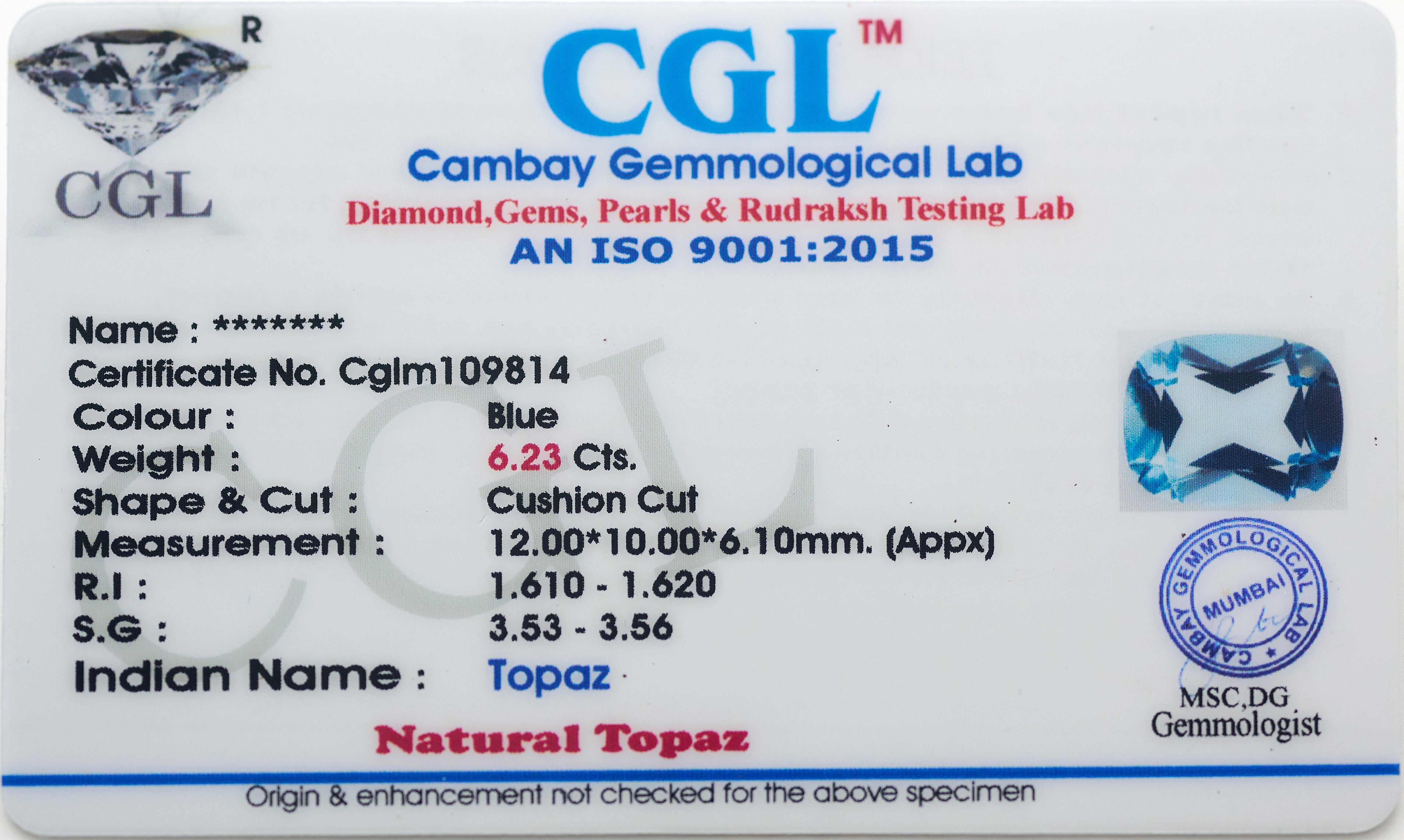 Natural Topaz Gemstone (6.23 Carats and 6.85 Ratti)