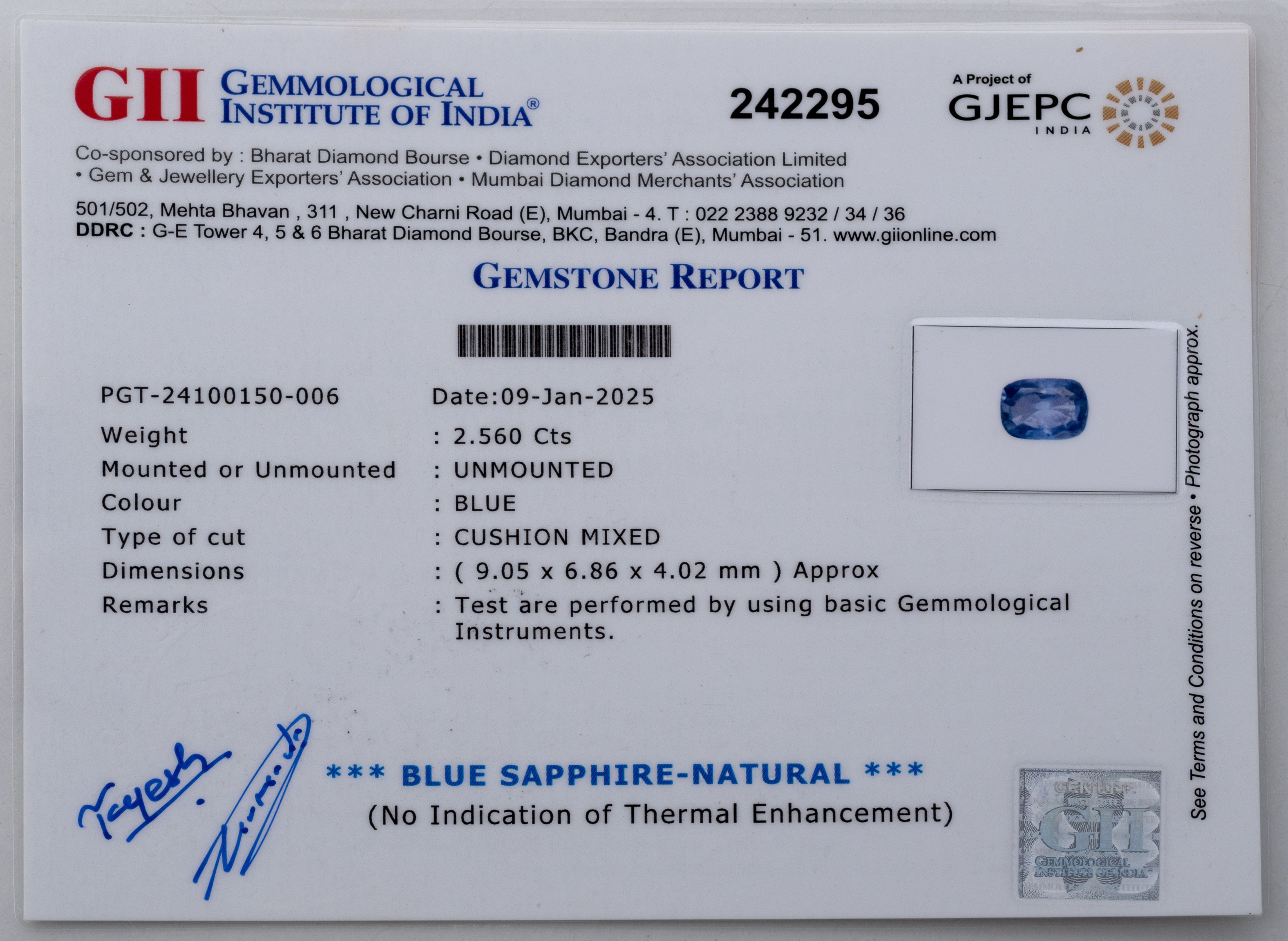 Natural Blue Sapphire Gemstone (2.54 Carats and 2.79 Ratti)