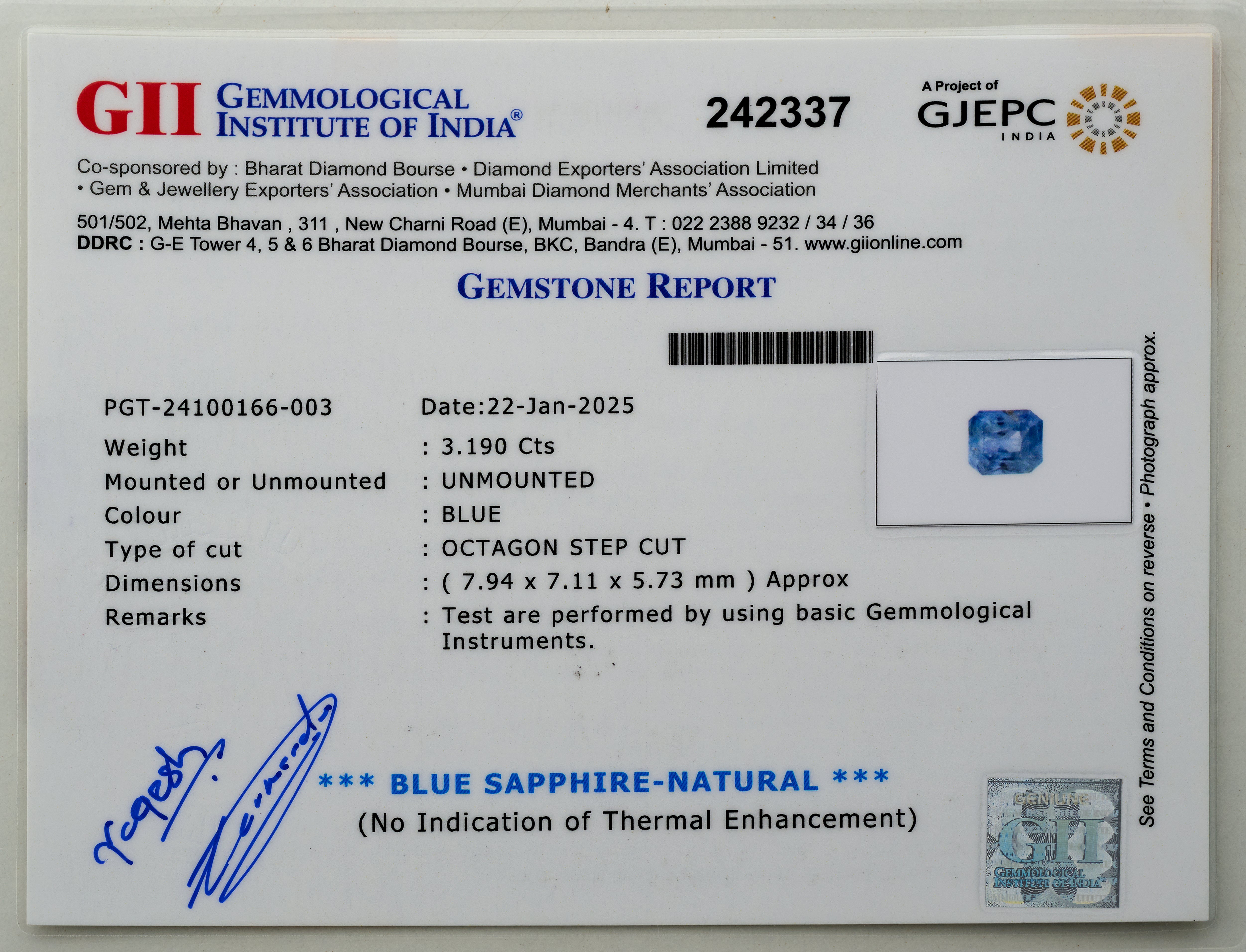 Natural Blue Sapphire Gemstone (3.19 Carats and 3.51 Ratti)