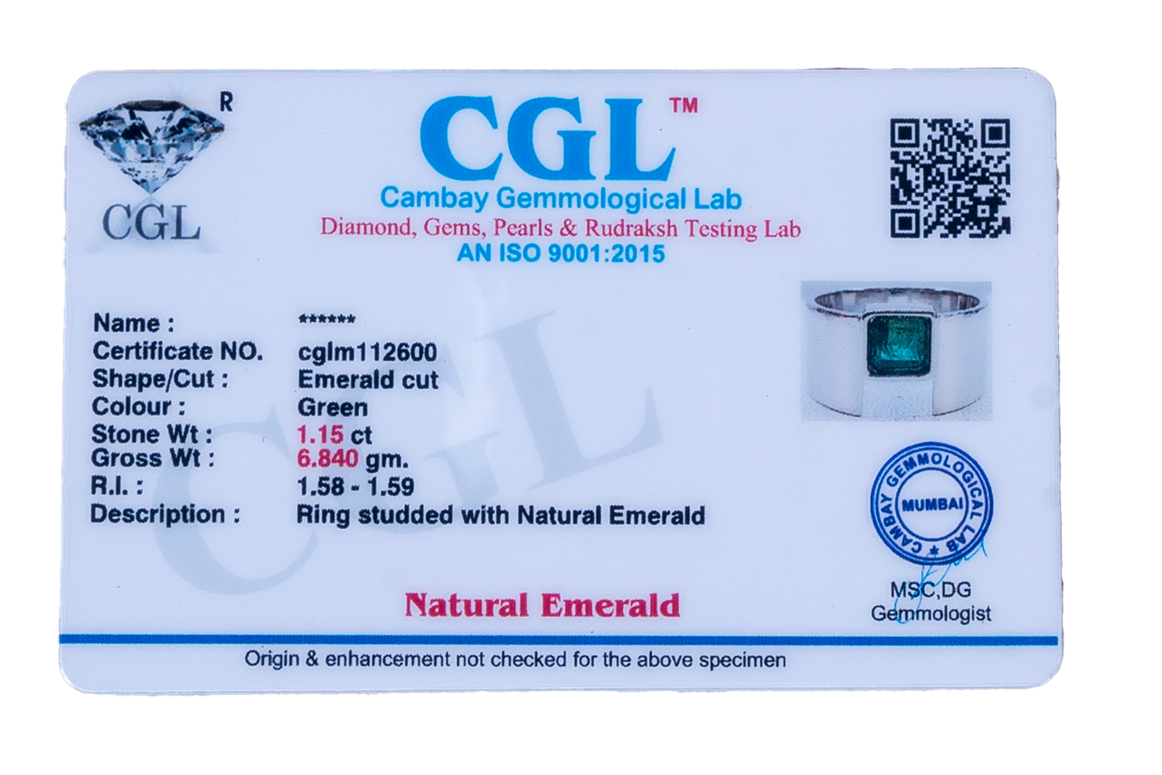 Natural Zambian Emerald (Panna) 1.15ct (1.27 Ratti) Faceted Emerald Cut Ring