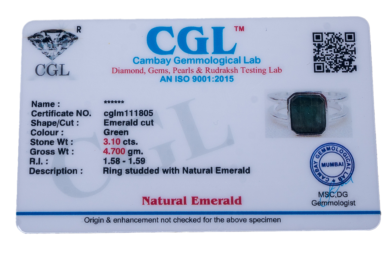 Natural Zambian Emerald (Panna) 3.10ct (3.41 Ratti) Faceted Emerald Cut Ring