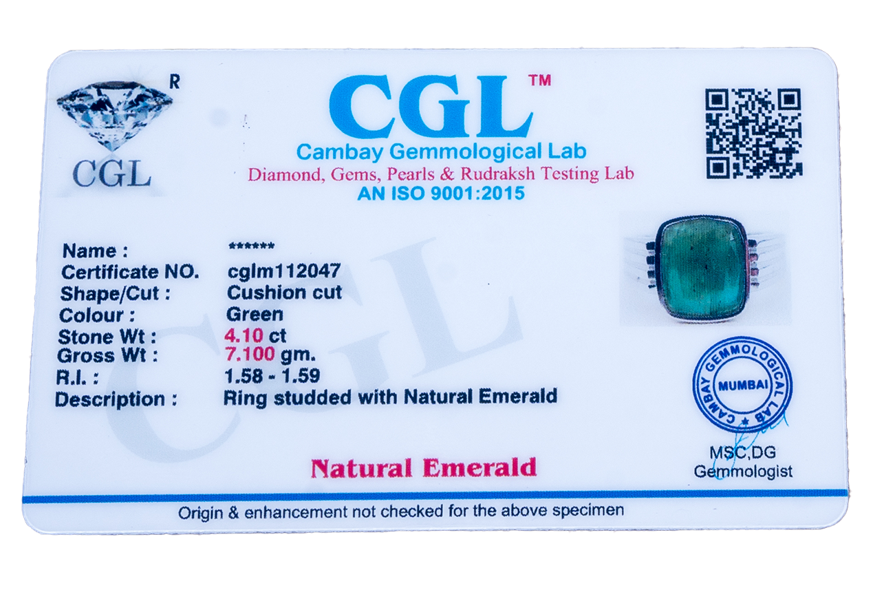 Natural Zambian Emerald (Panna) 4.10ct (4.51 Ratti) Faceted Cushion Cut Ring