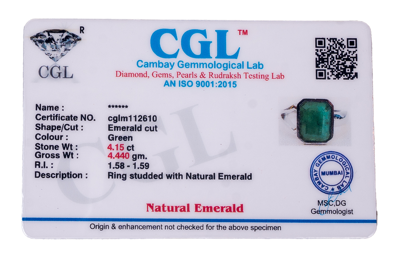 Natural Zambian Emerald (Panna) 4.15ct (4.57 Ratti) Faceted Emerald Cut Unisex Ring