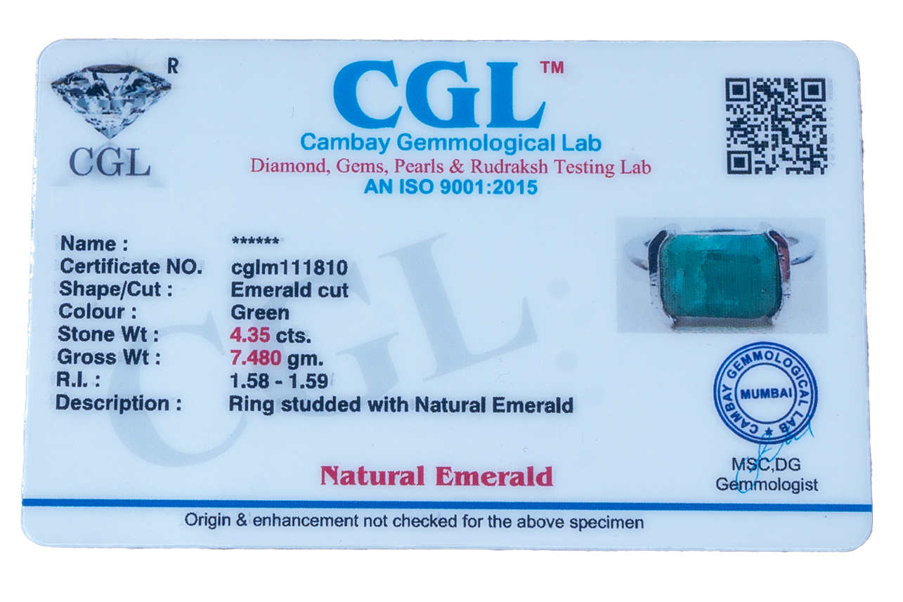 Natural Zambian Emerald (Panna) 4.35ct (4.78 Ratti) Faceted Emerald Cut Unisex Ring