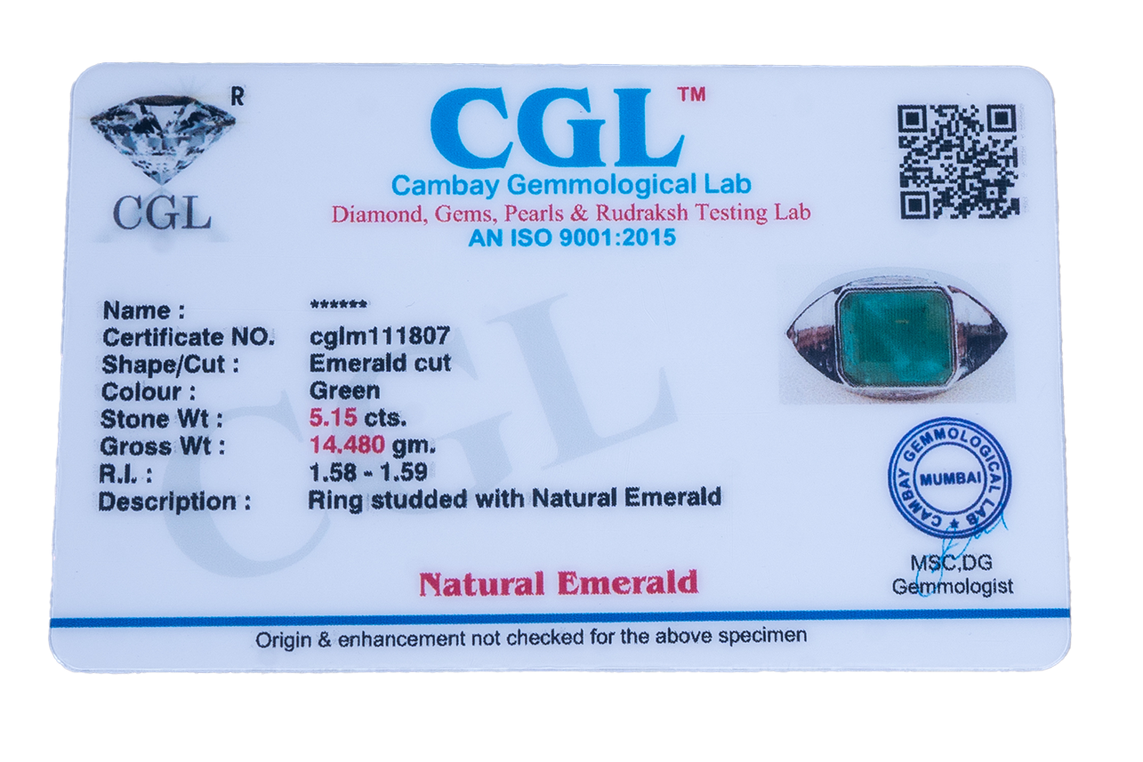 Natural Zambian Emerald (Panna) 5.15ct (5.67 Ratti) Faceted Emerald Cut Ring