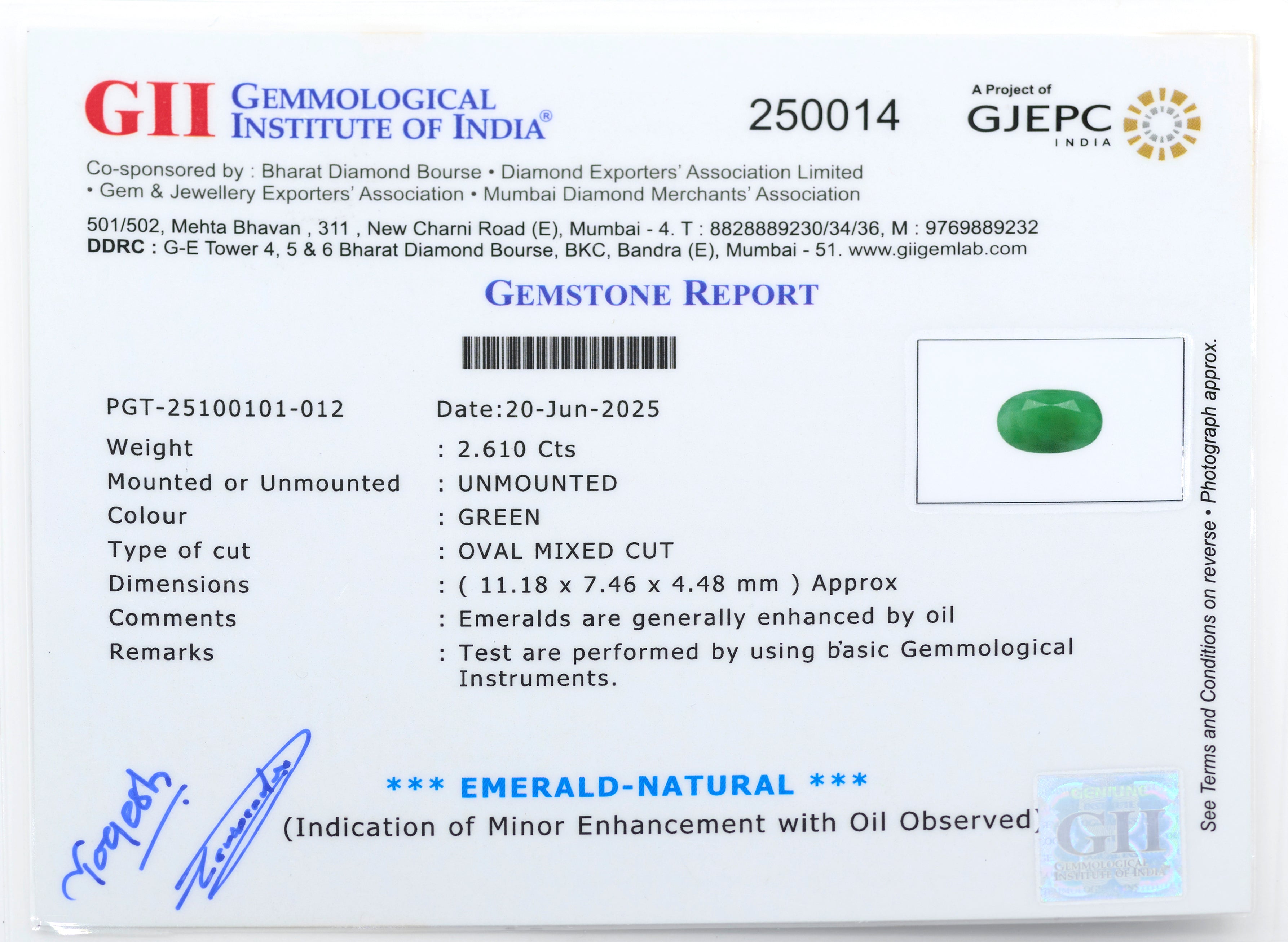 Natural Emerald (2.61 Carat and 2.87 Ratti)