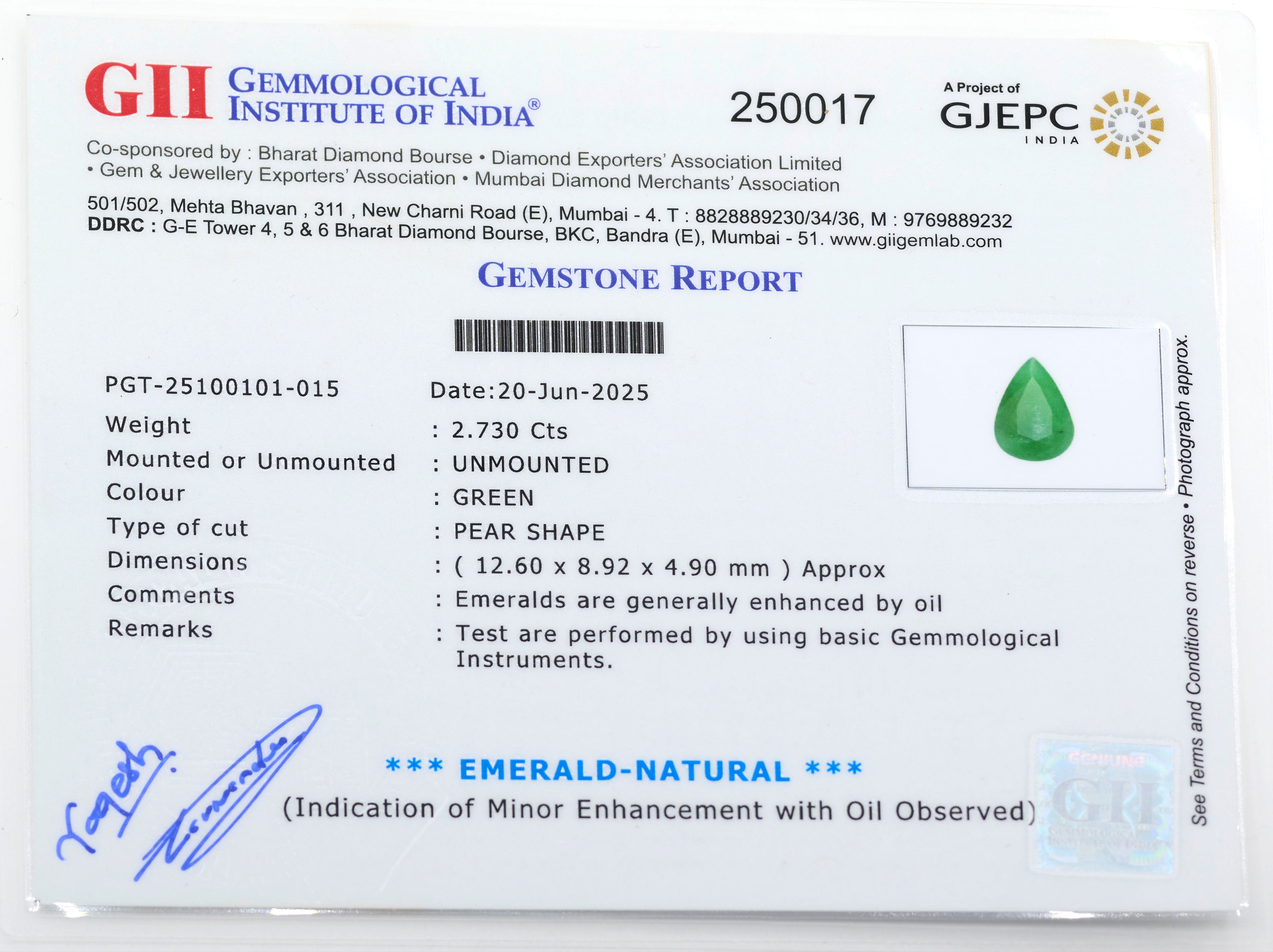 Natural Emerald (2.73 Carat and 3.00 Ratti)