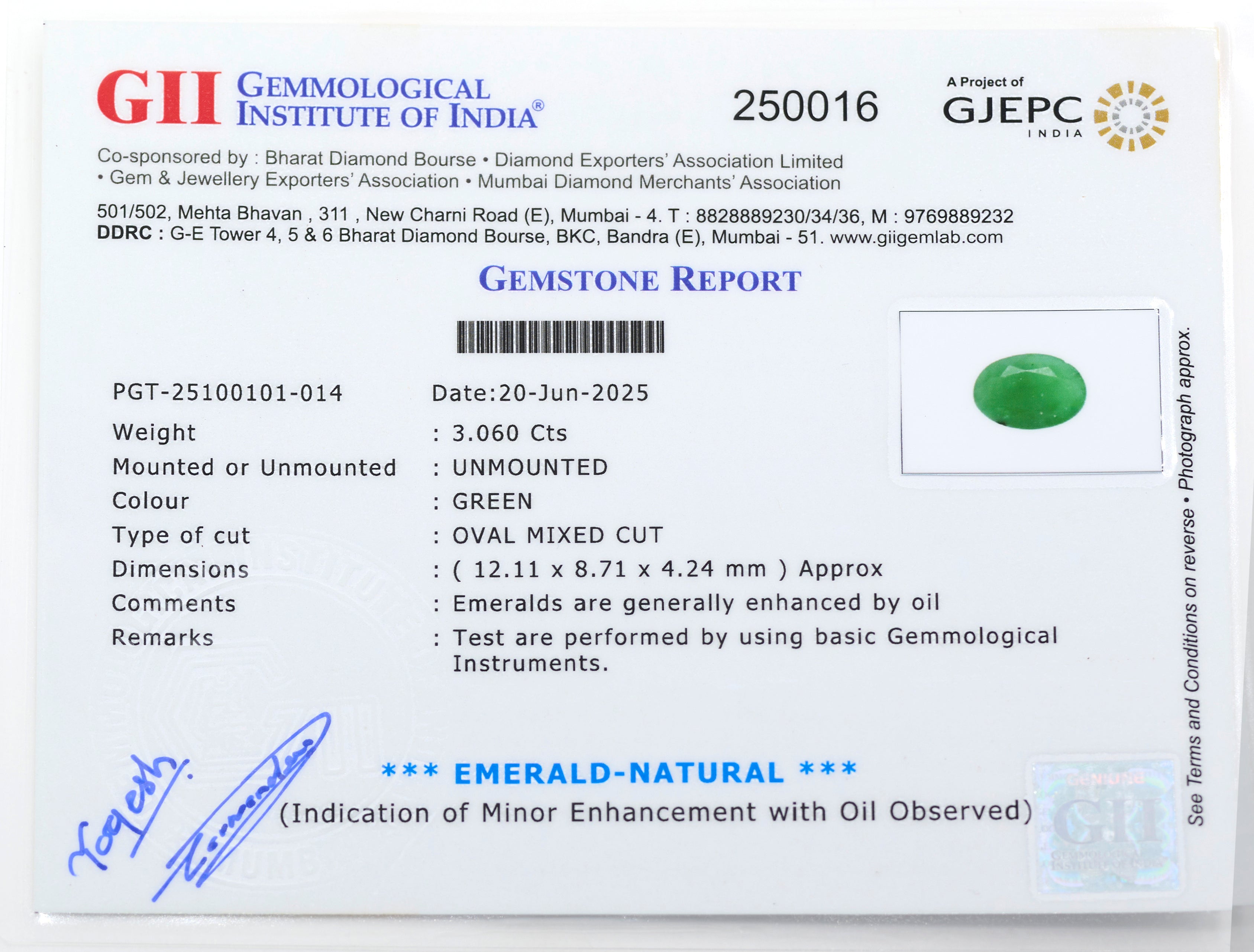 Natural Emerald (3.06 Carat and 3.37 Ratti)