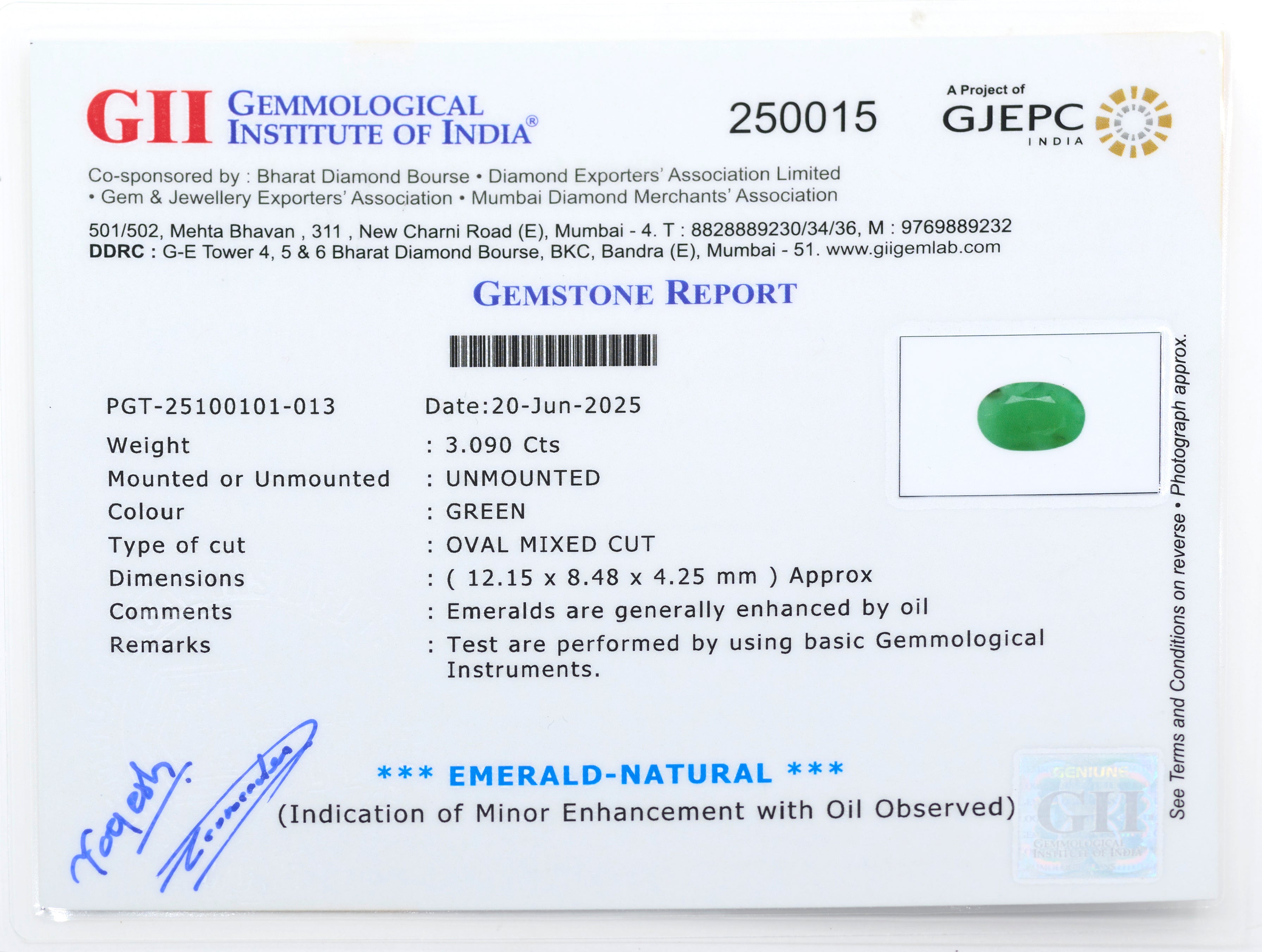 Natural Emerald (3.09 Carat and 3.40 Ratti)