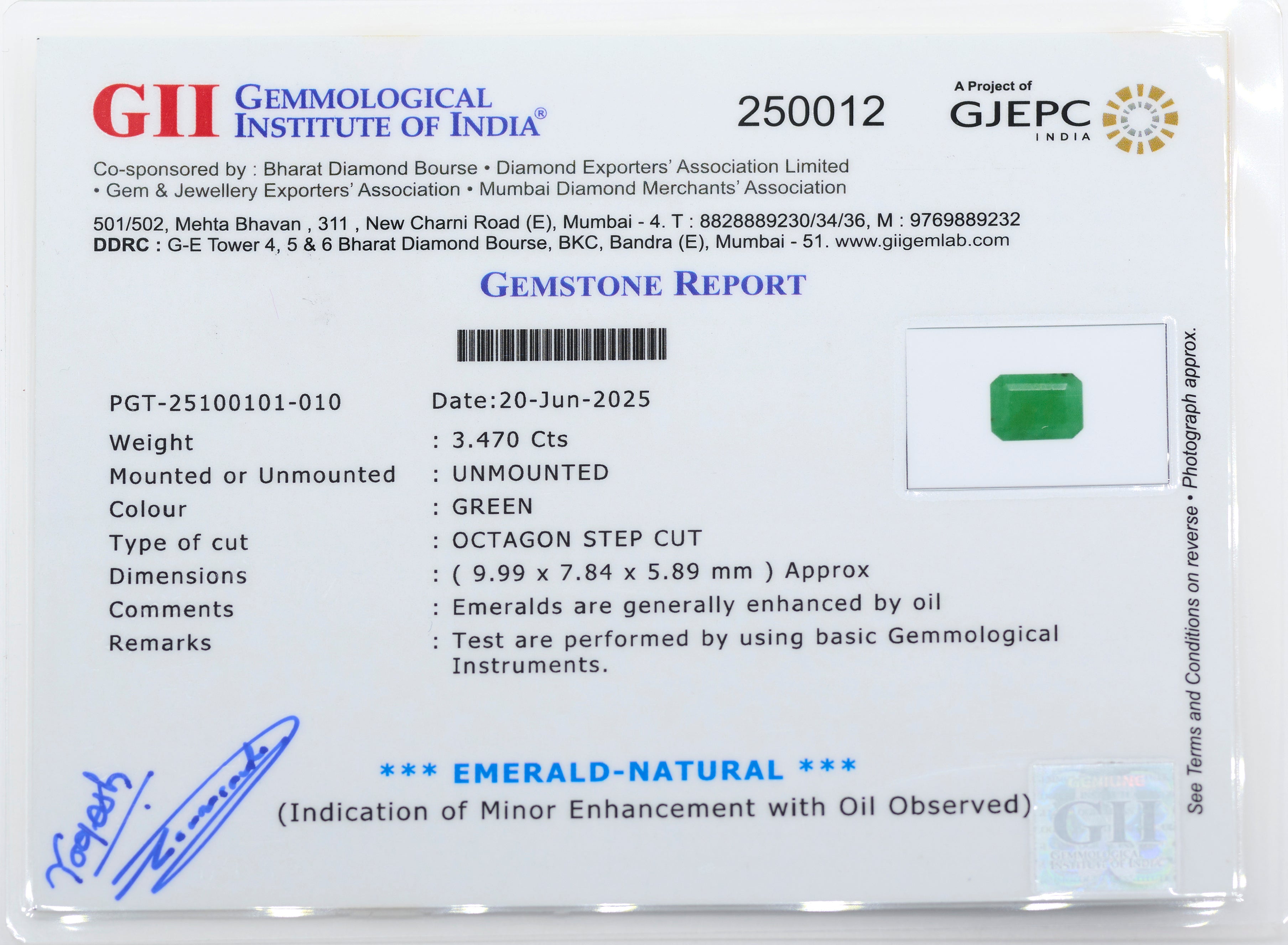 Natural Emerald (3.47 Carat and 3.82 Ratti)