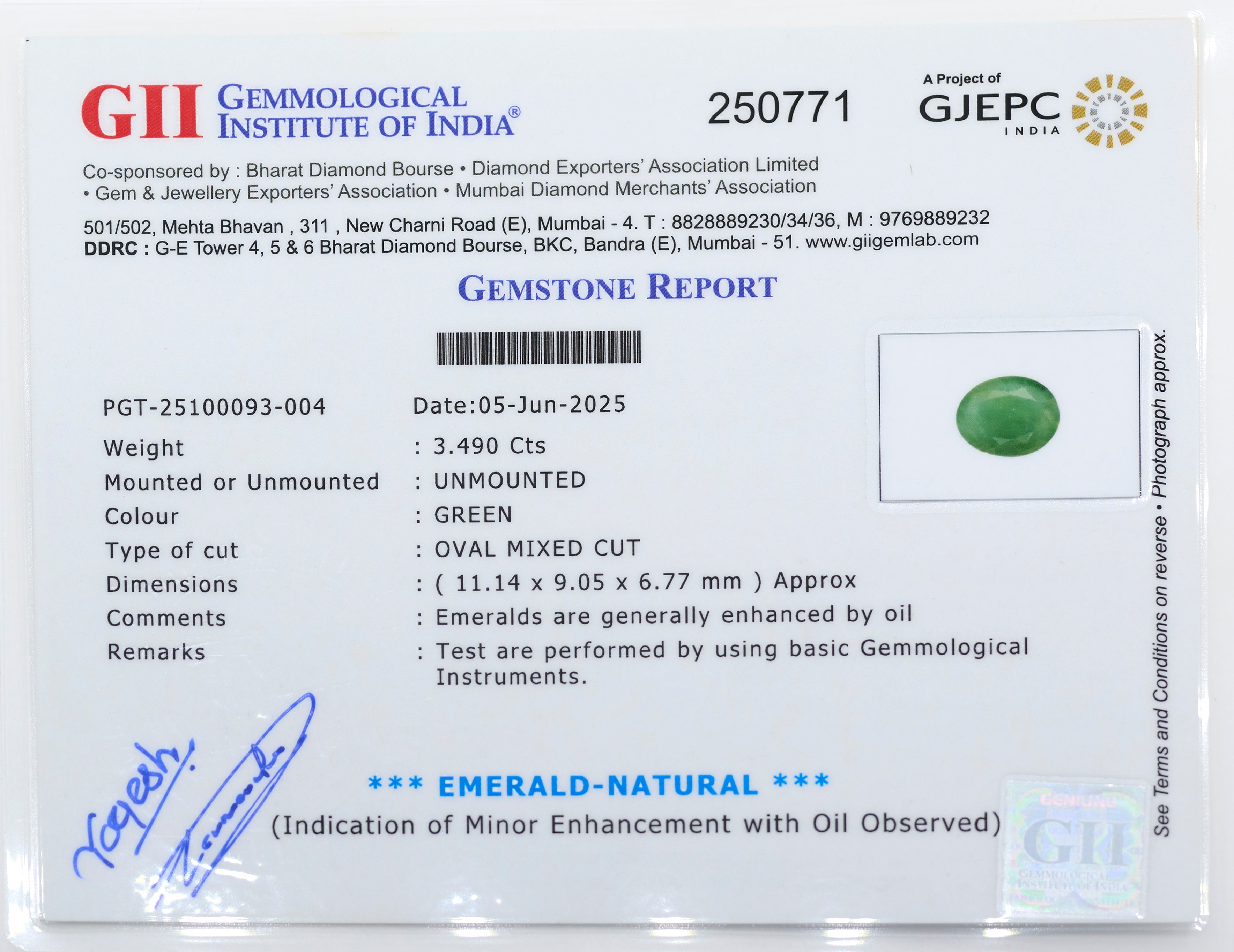 Natural Emerald (3.49 Carat and 3.84 Ratti)