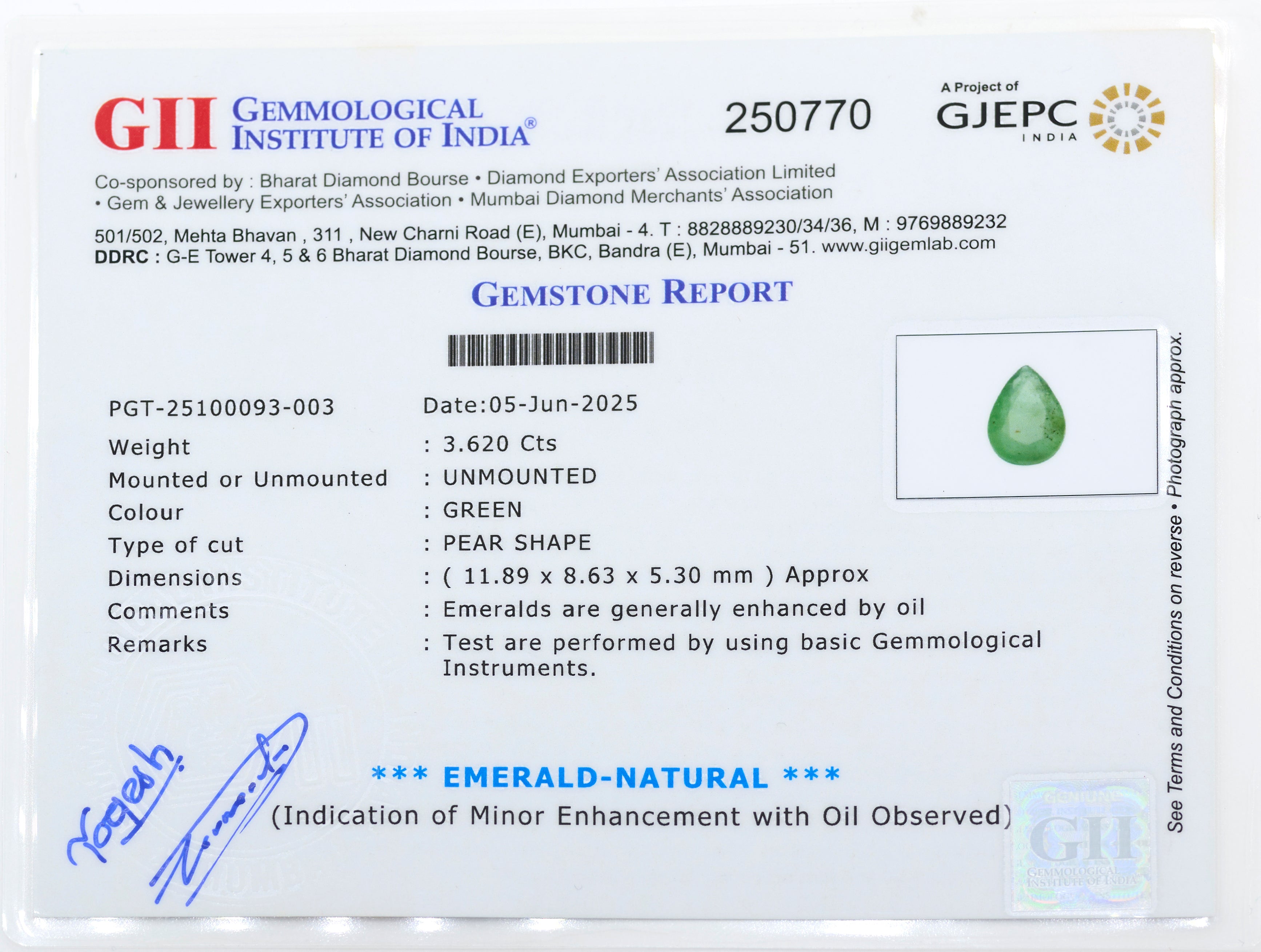 Natural Emerald (3.62 Carat and 3.98 Ratti)