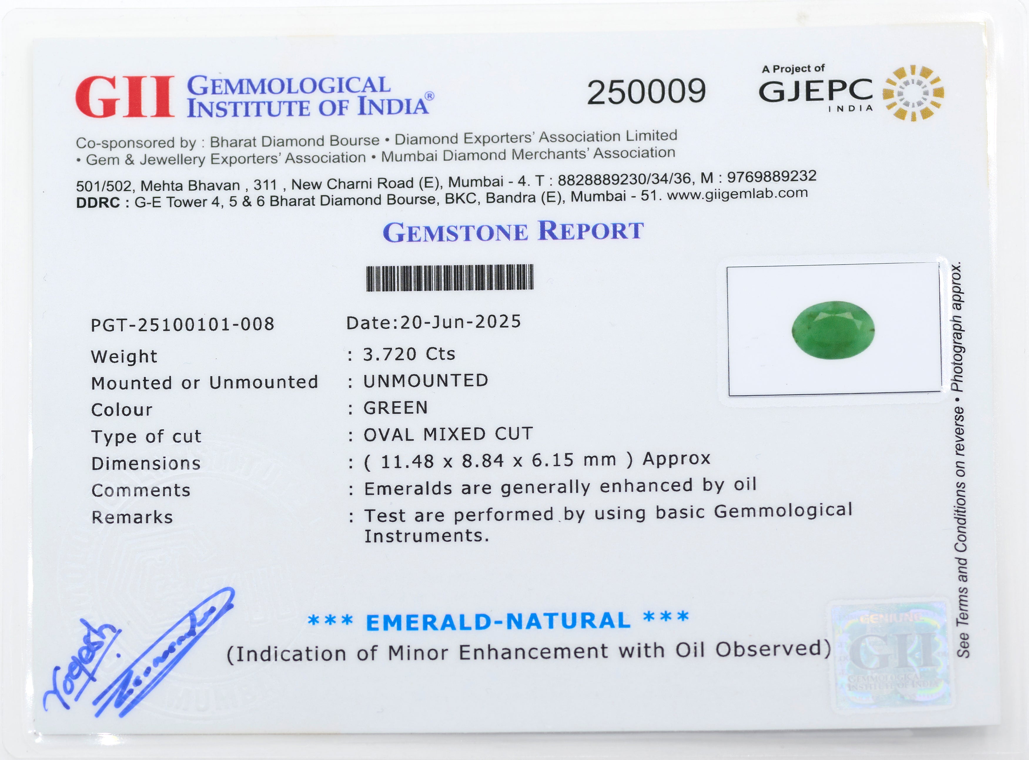 Natural Emerald (3.72 Carat and 4.09 Ratti)