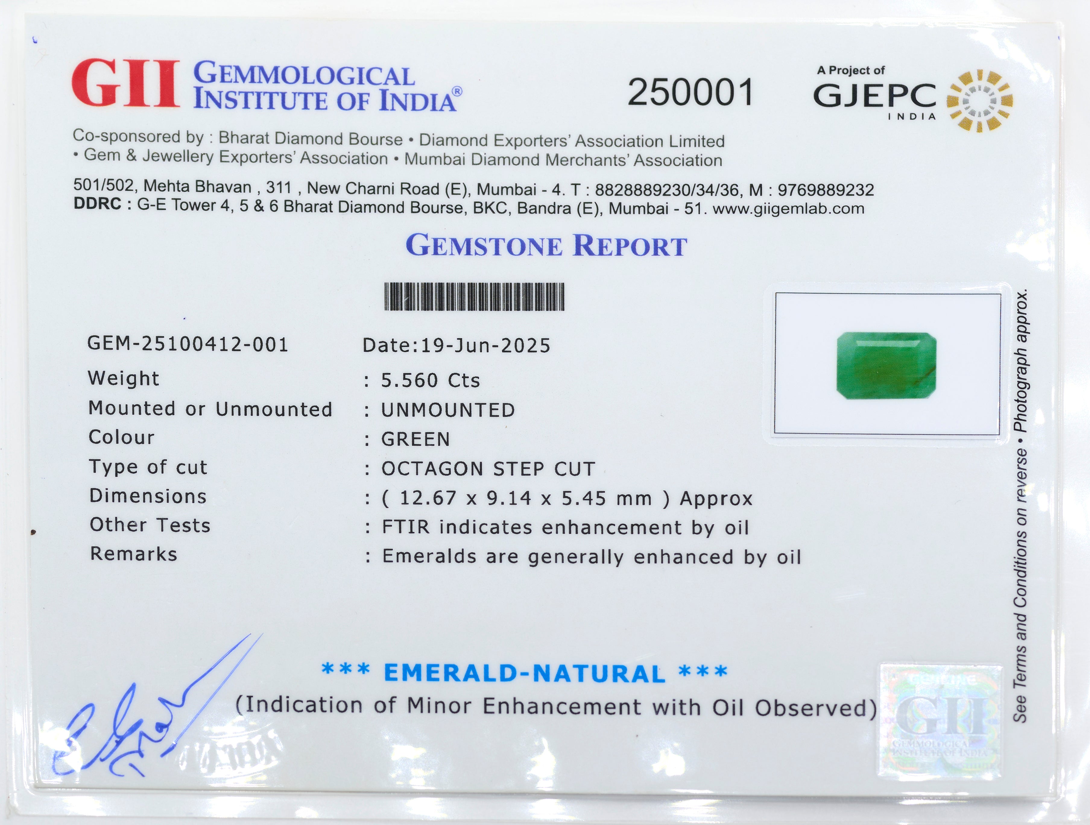 Natural Emerald (5.56 Carat and 6.12 Ratti)