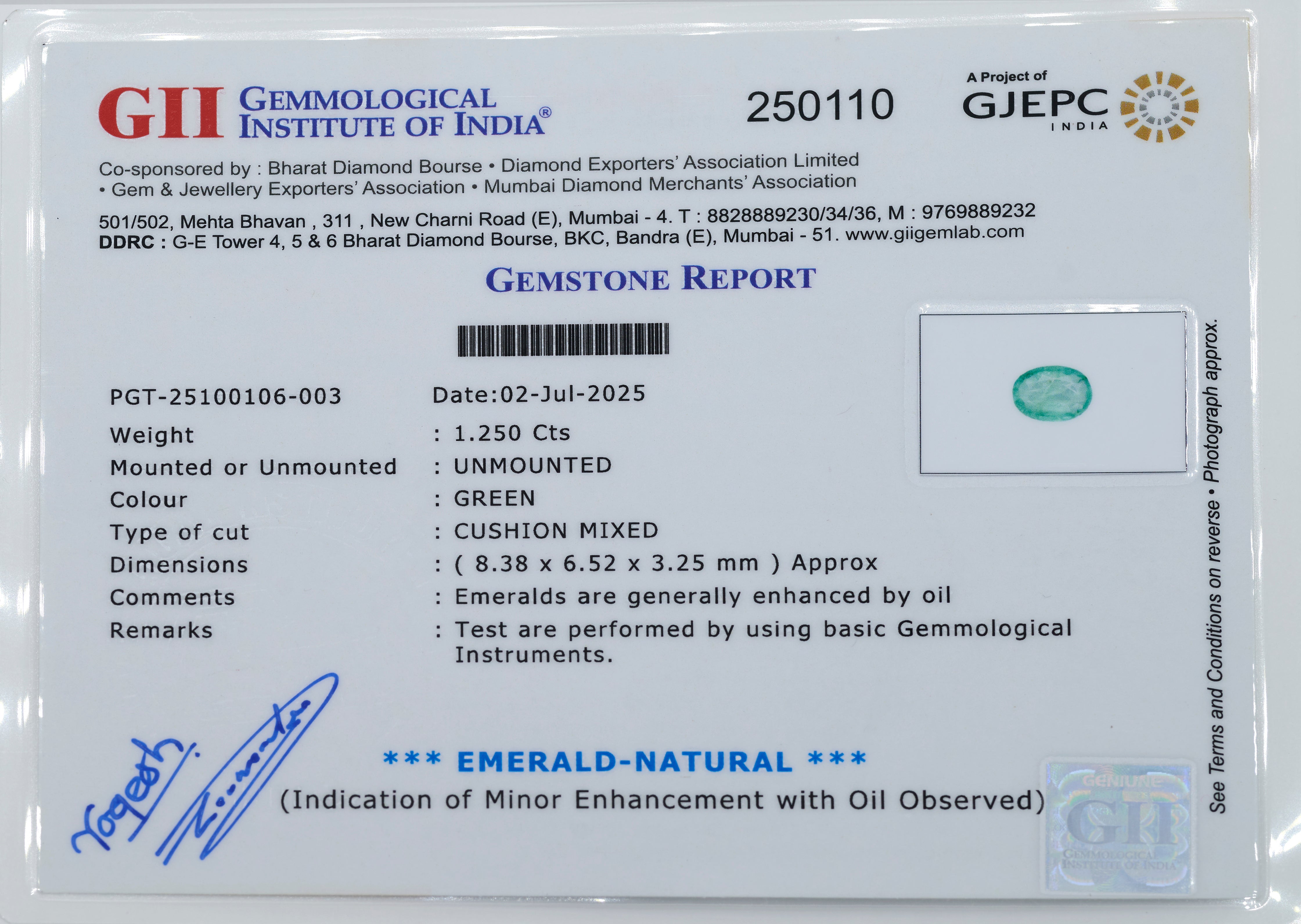 Natural Emerald (1.25 Carat and 1.38 Ratti)