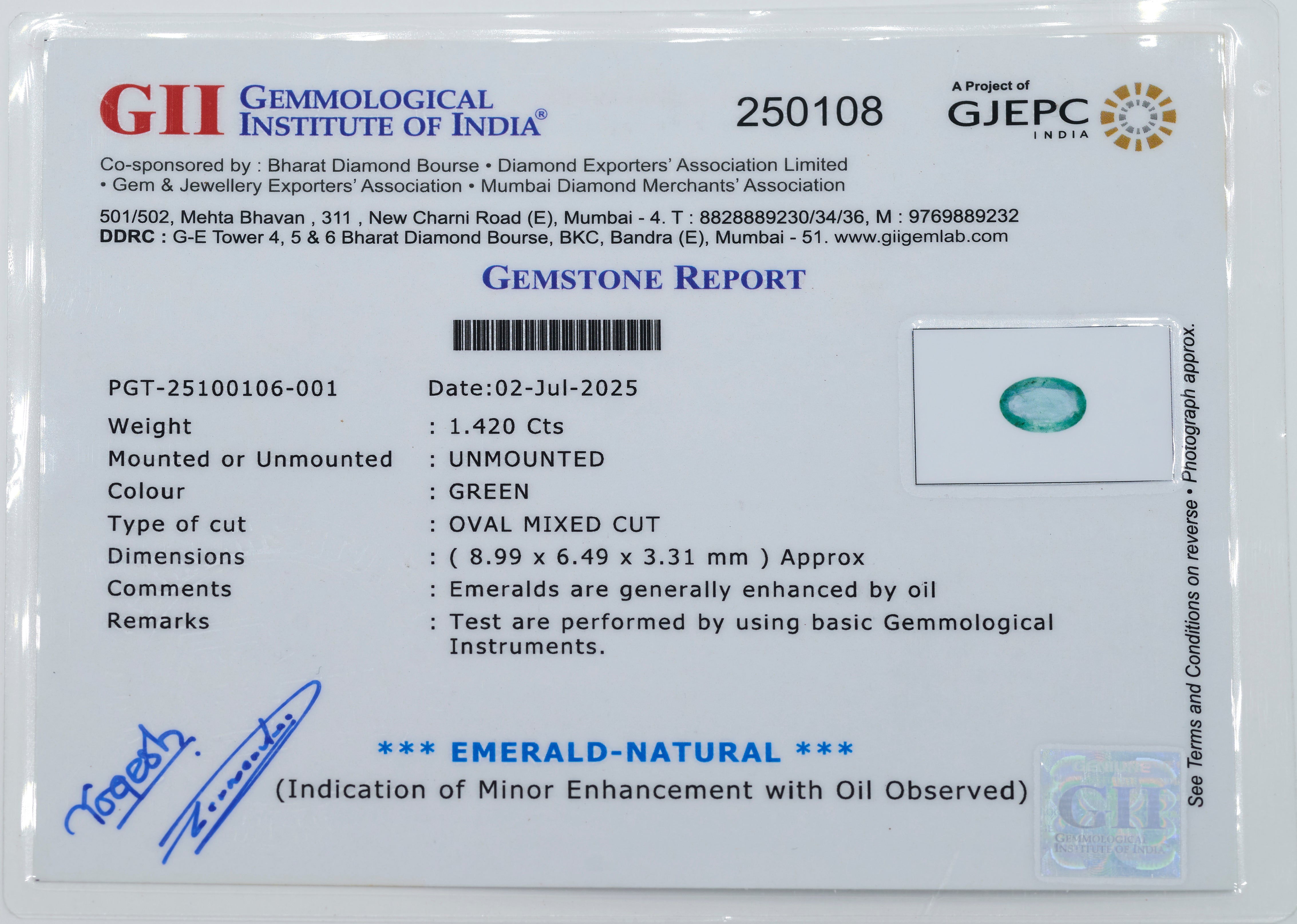 Natural Emerald (1.42 Carat and 1.56 Ratti)