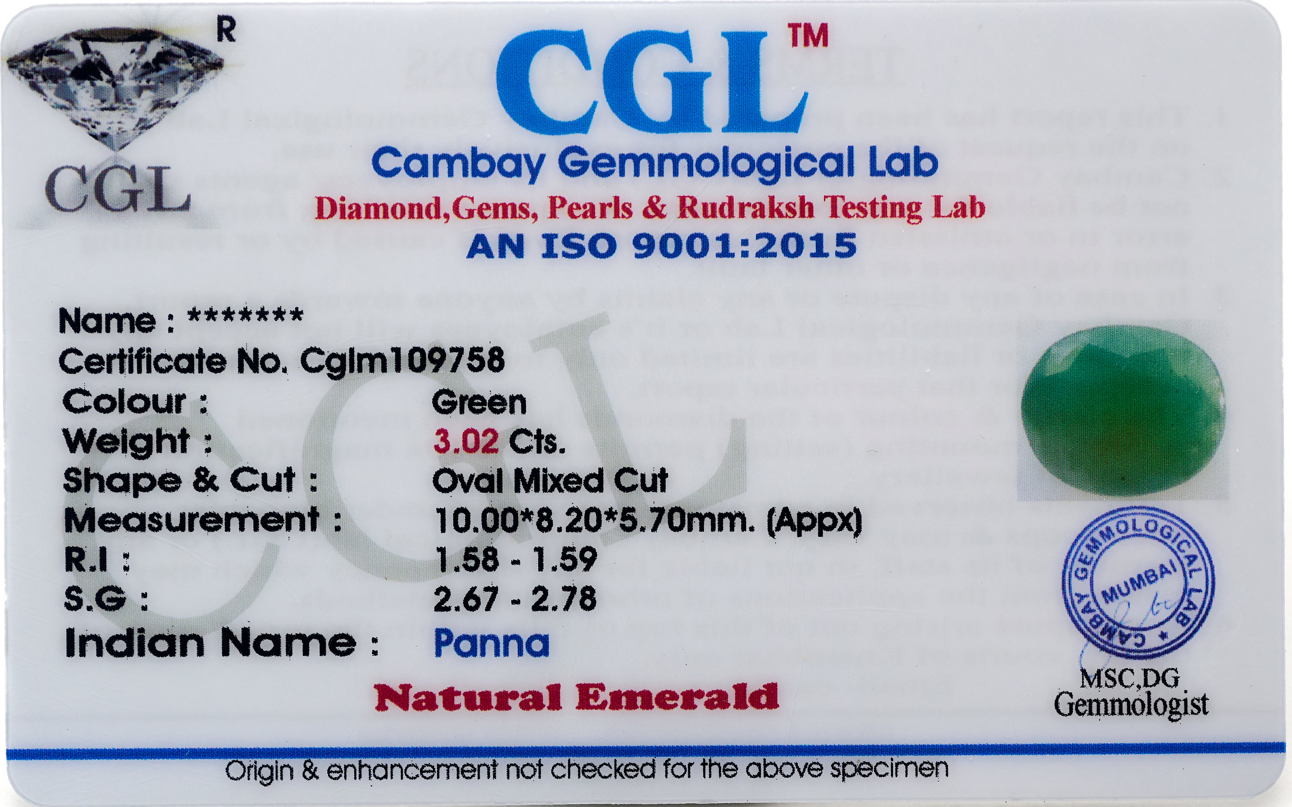 Natural Emerald (3.02 Carat and 3.32 Ratti)