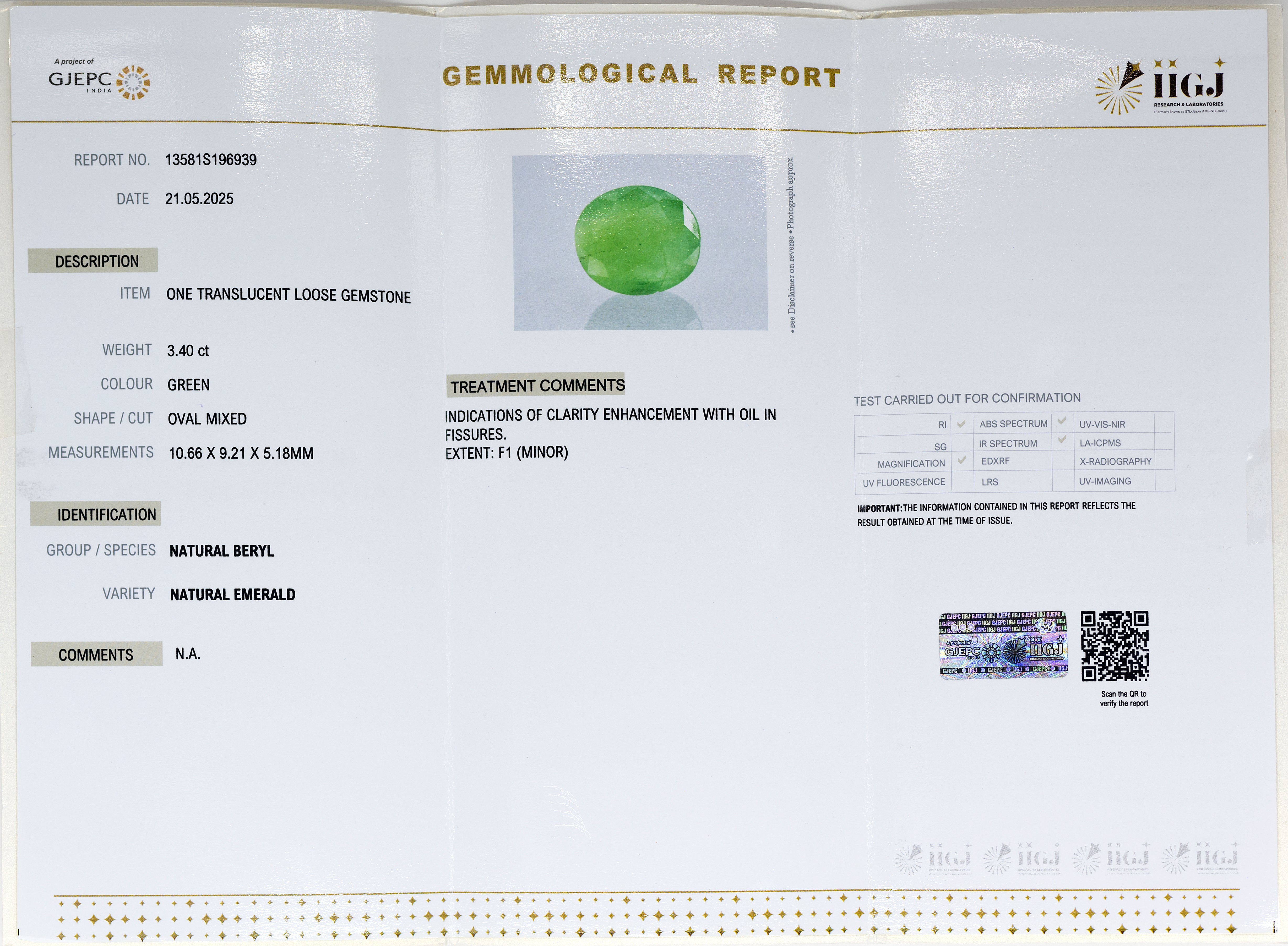 Natural Emerald (3.40 Carat and 3.74 Ratti)