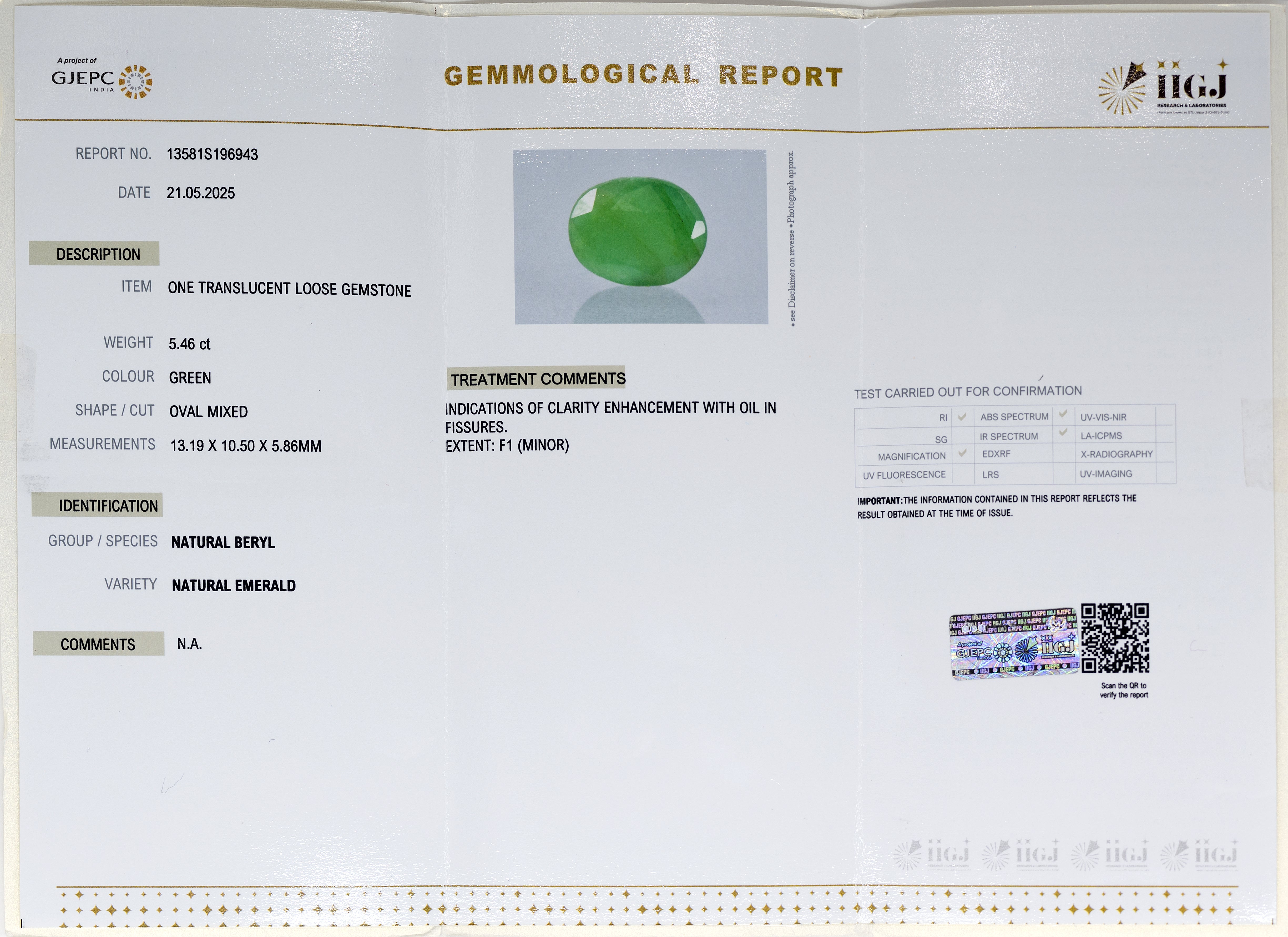 Natural Emerald (5.46 Carat and 6.01 Ratti)