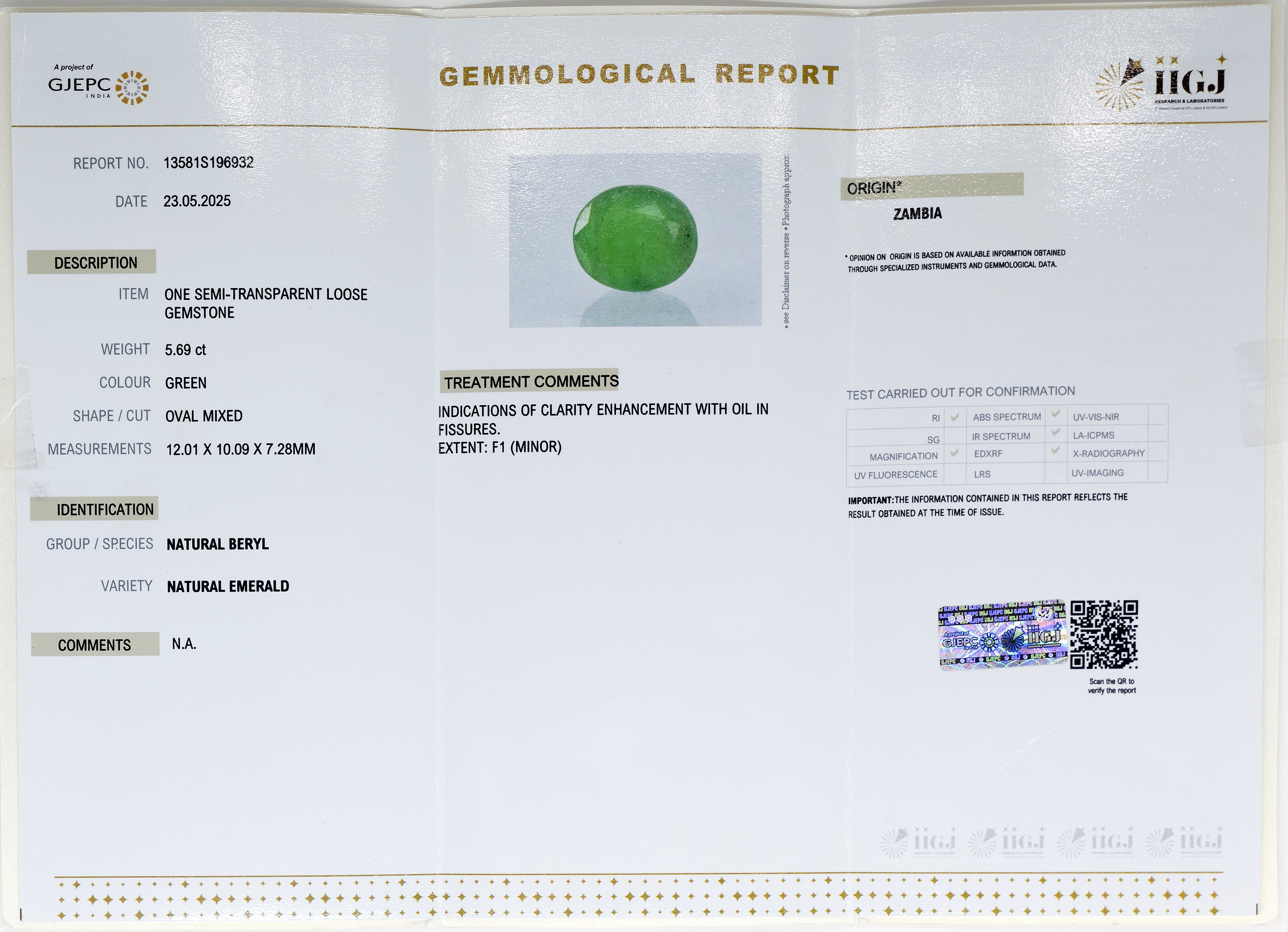 Natural Emerald (5.69 Carat and 6.26 Ratti)