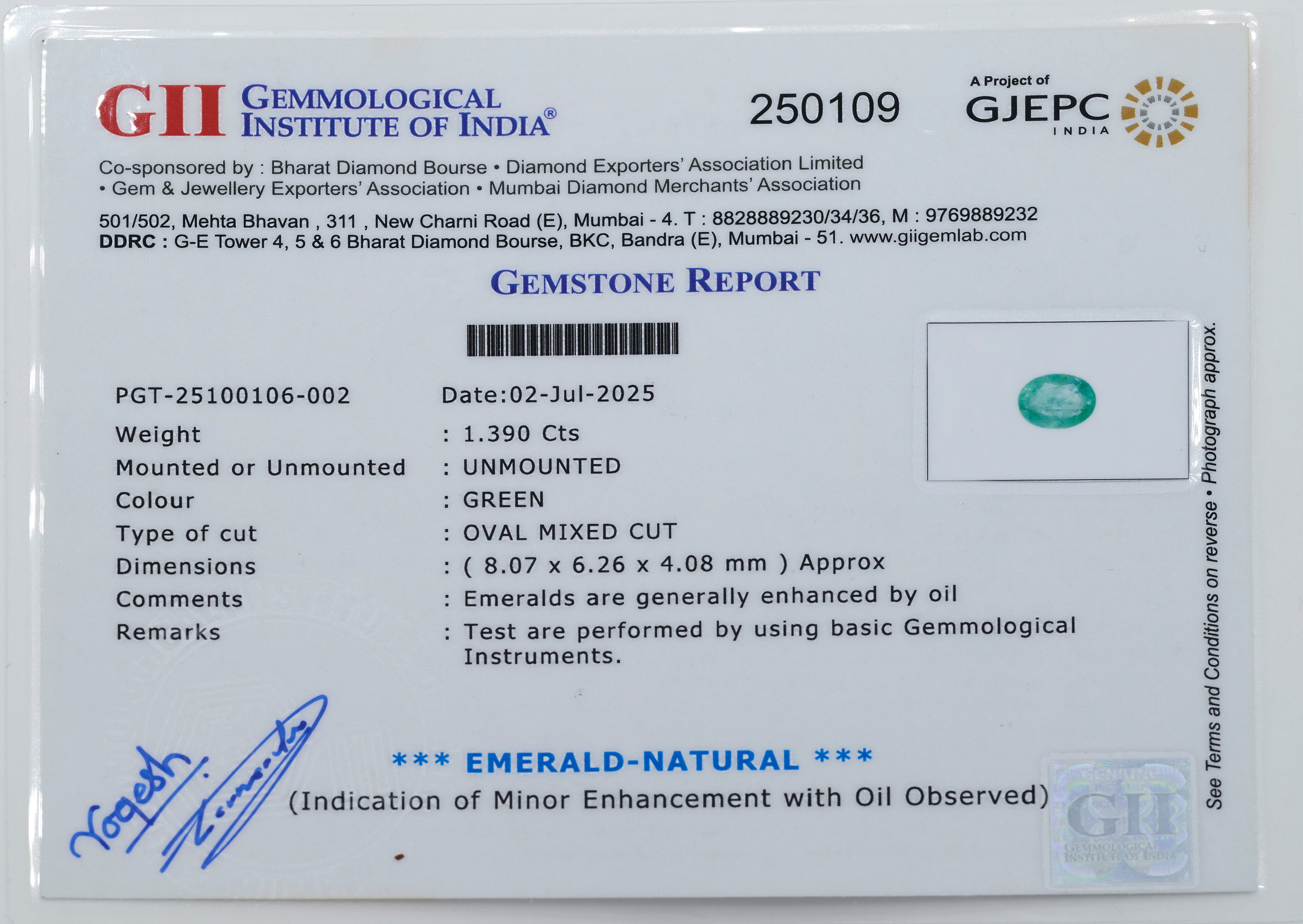 Natural Green Emerald Gemstone (1.39 Carats and 1.53 Ratti)