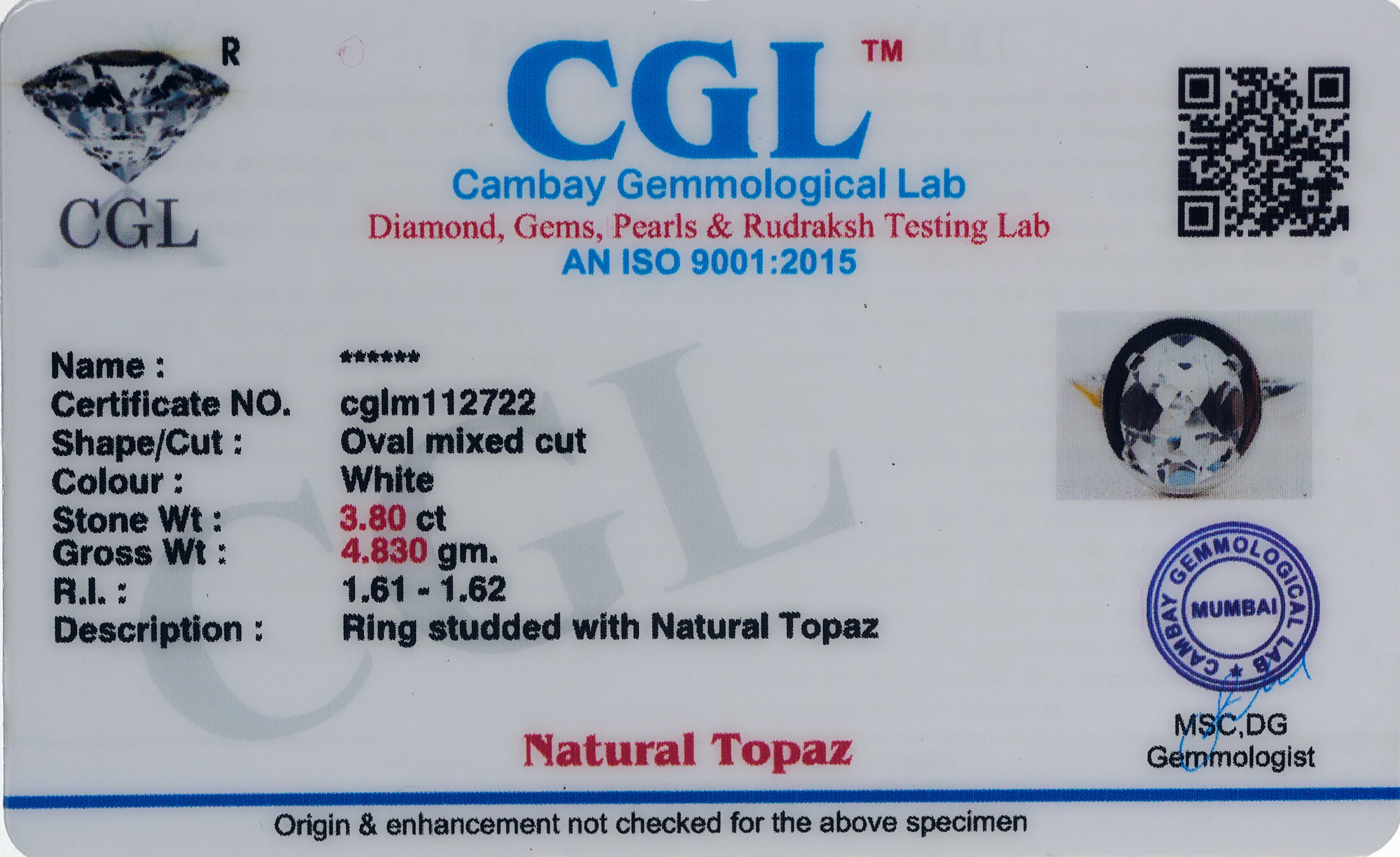 Natural White Topaz 3.80ct (4.18 Ratti) Ring