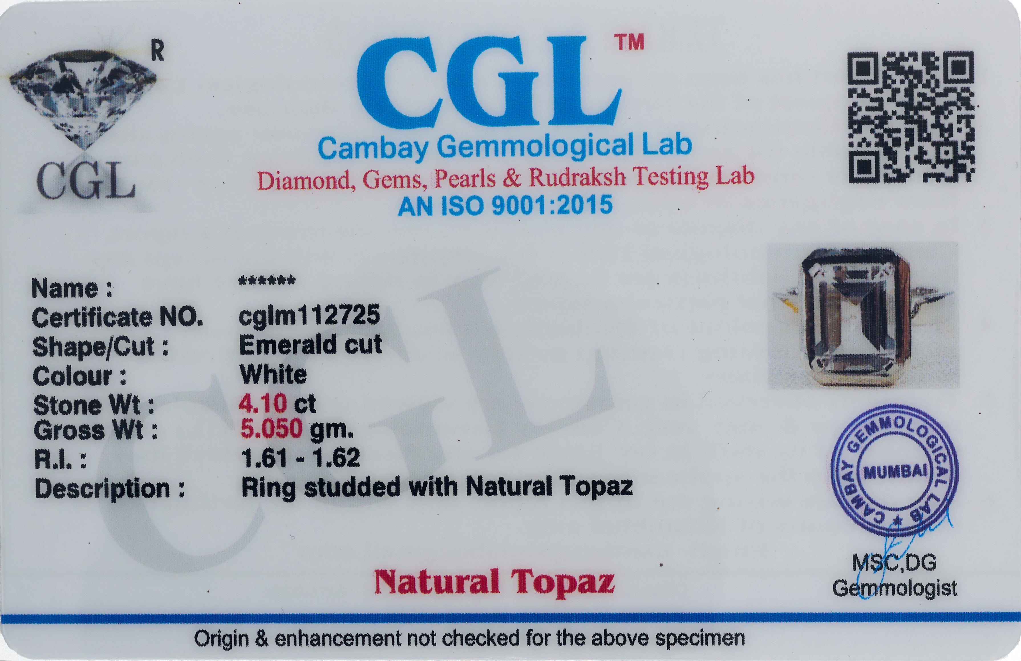 Natural White Topaz 4.10ct (4.51 Ratti) Ring