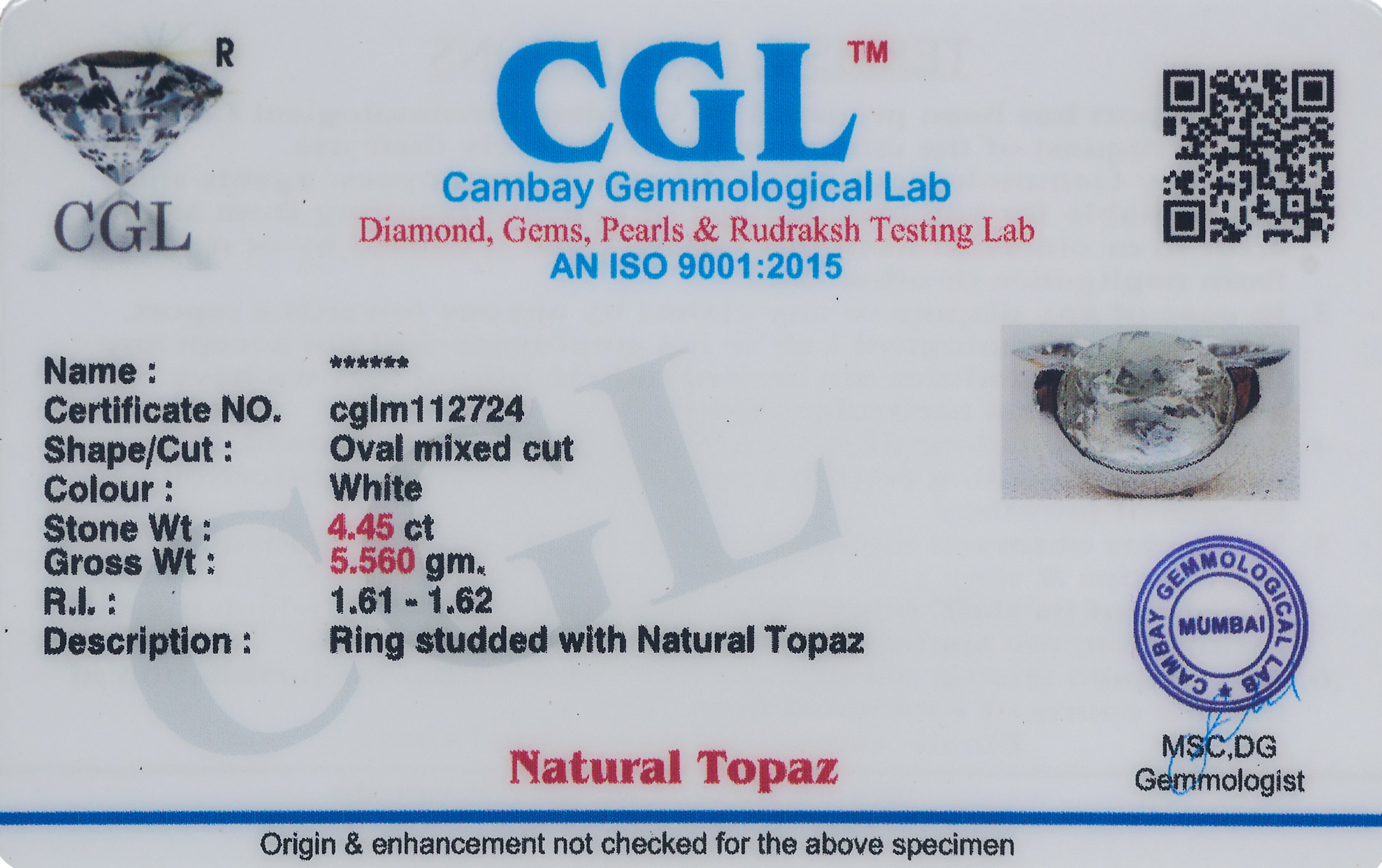 Natural White Topaz 4.45ct (4.90 Ratti) Ring