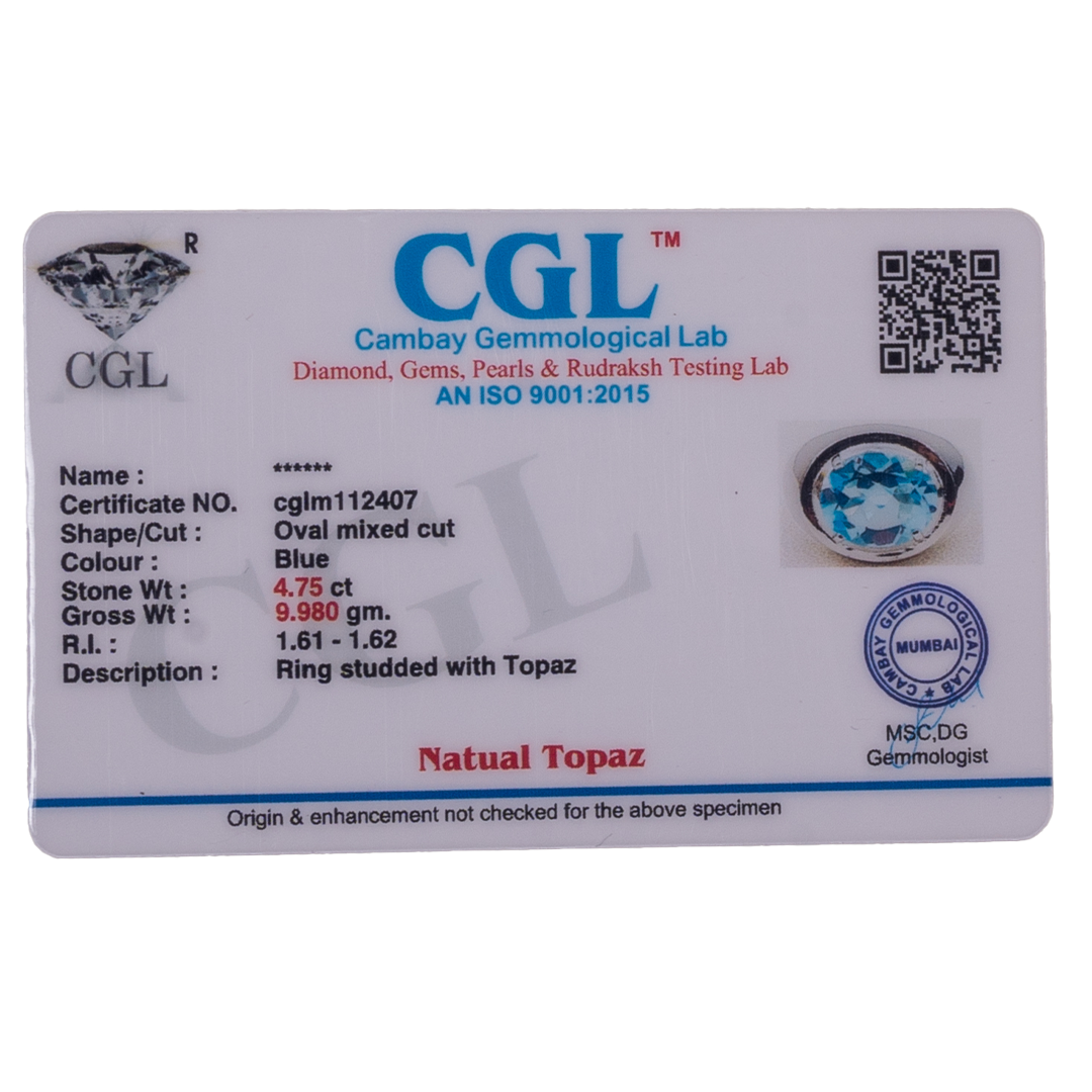 Blue Topaz Ring (4.75 Carat / 5.23 Ratti)