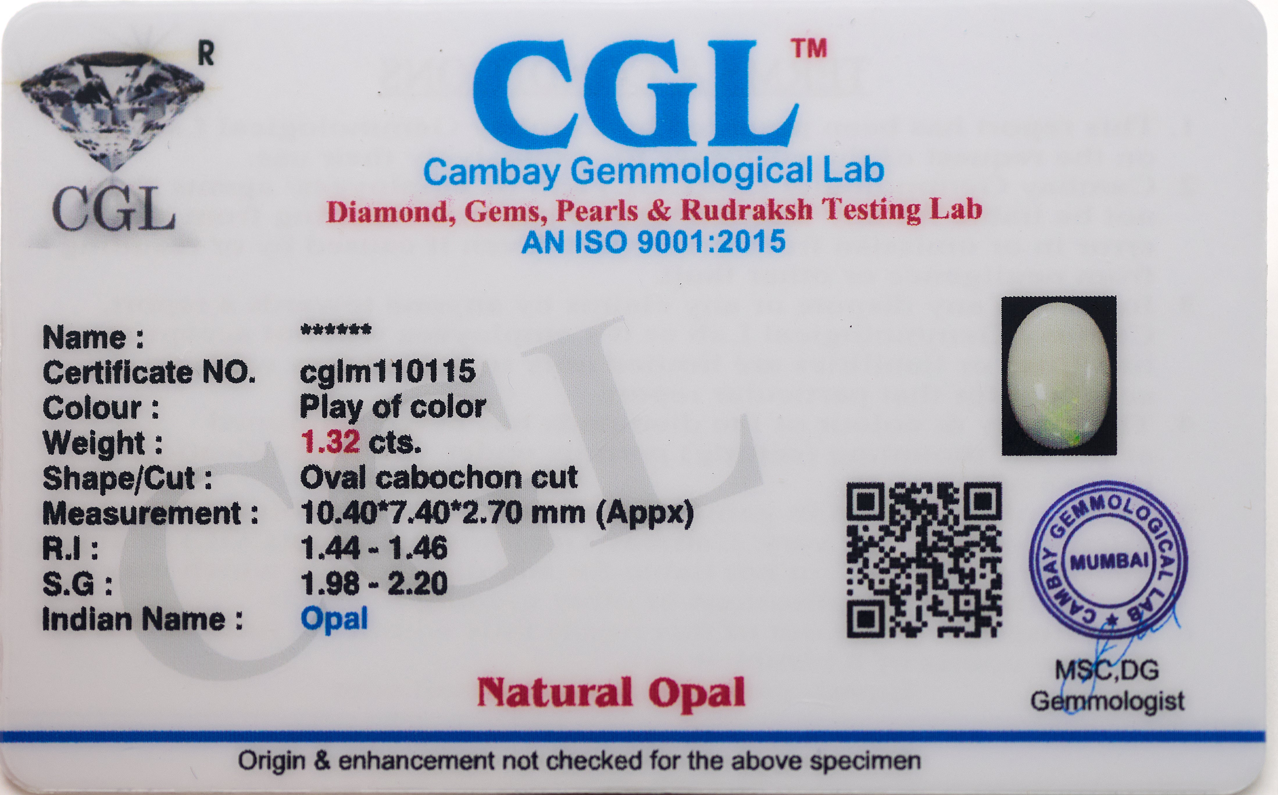 Natural Opal Gemstone (1.32 Carats and 1.45 Ratti)