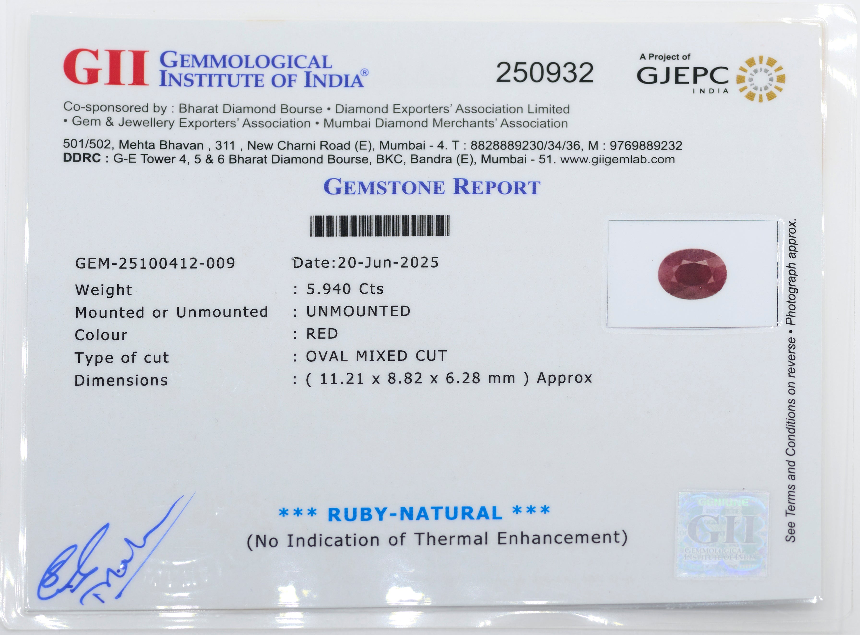 Natural Ruby (5.94Ct Carat and 6.53 Ratti)