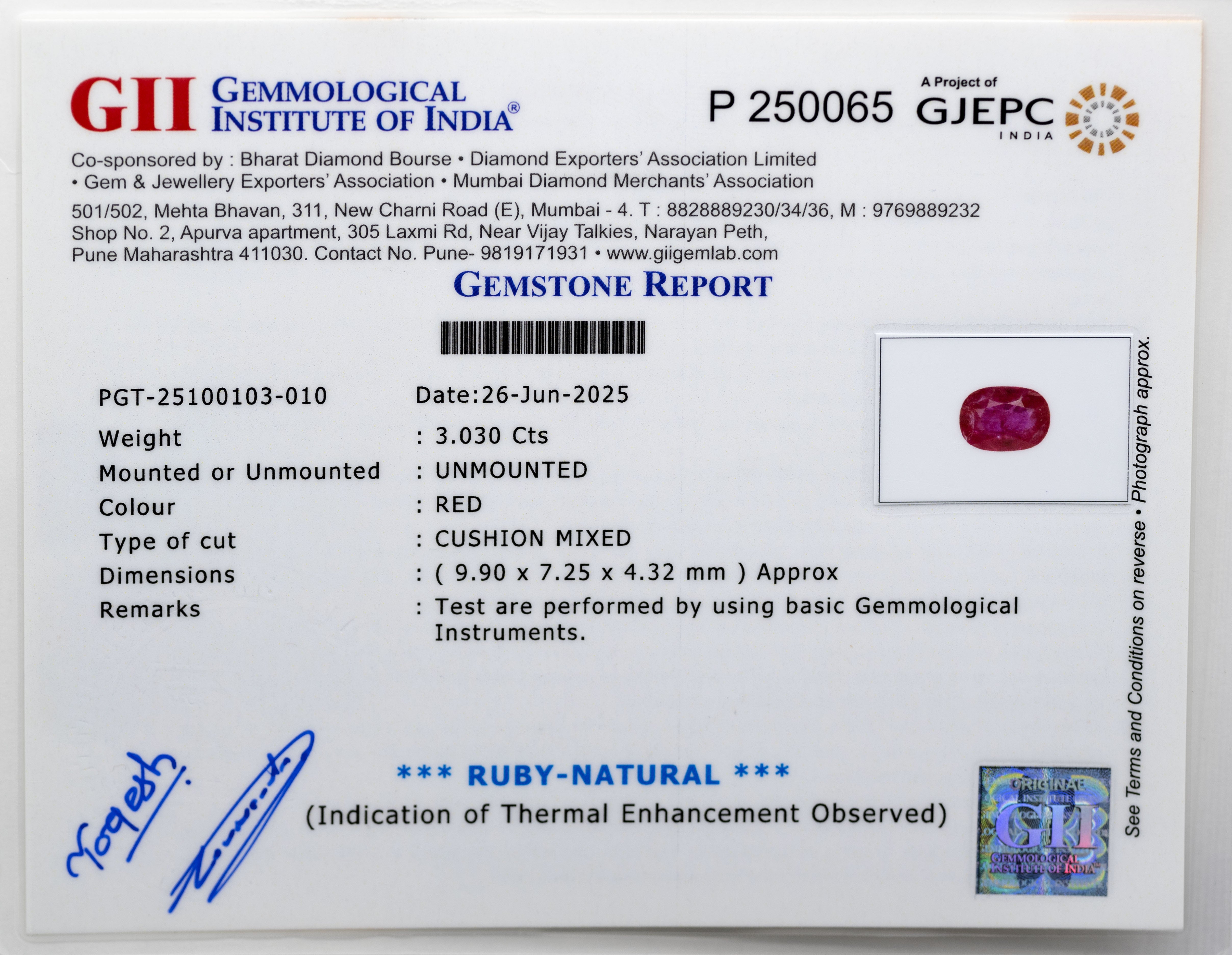 Natural Ruby Gemstone (3.03 Carat and 3.33 Ratti)