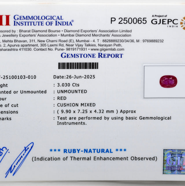 Natural Ruby Gemstone (3.03 Carat and 3.33 Ratti)