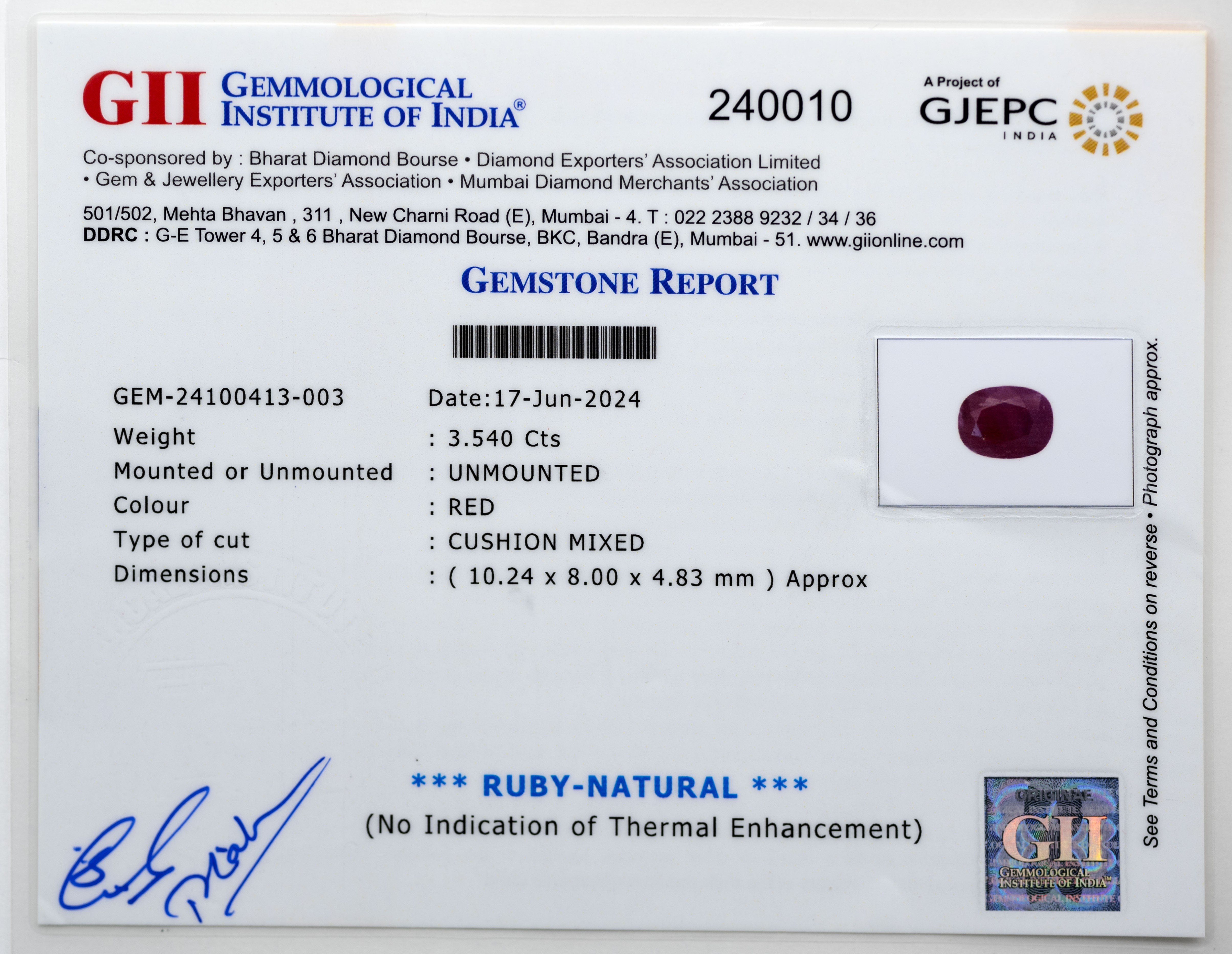 Natural Ruby Gemstone (3.54 Carat and 3.89 Ratti)